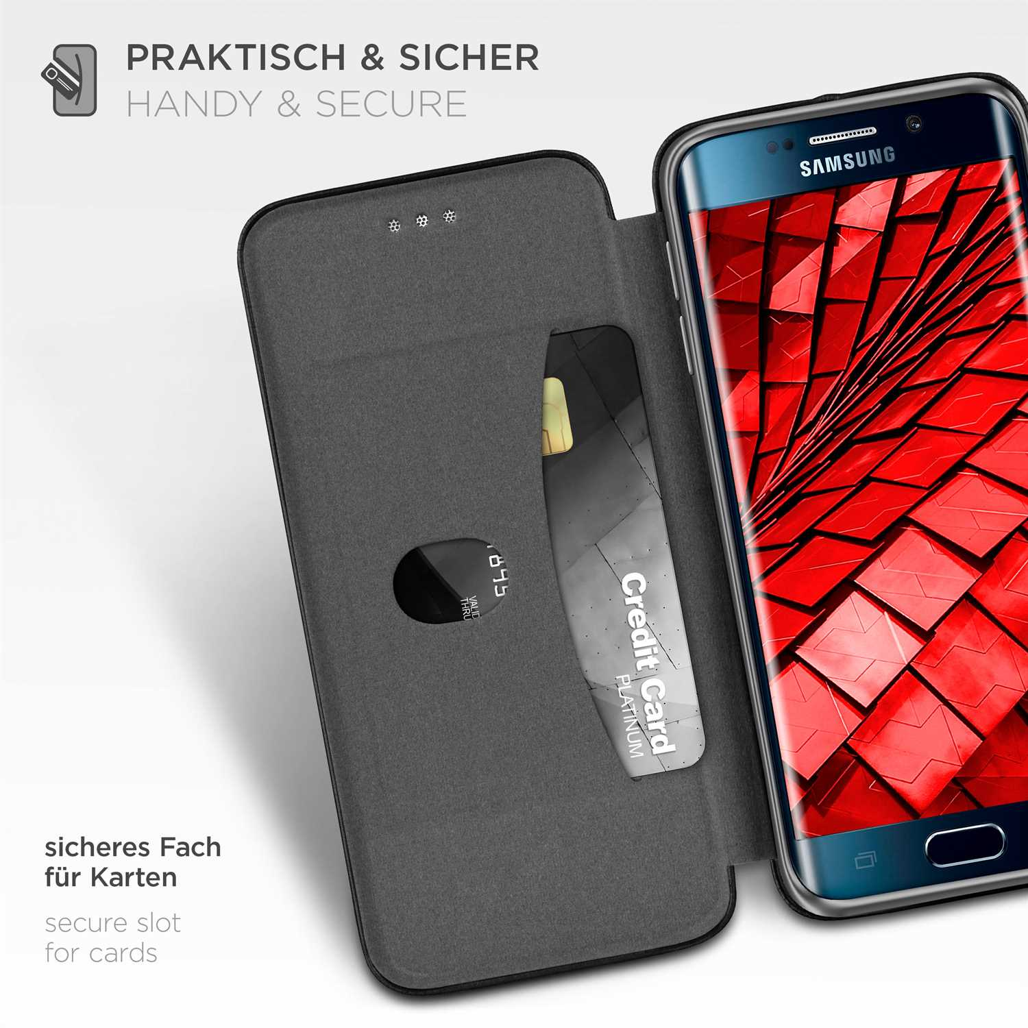 Eine Handyhülle mit Kreditkartenfach und Telefon. Roter Hintergrund.
