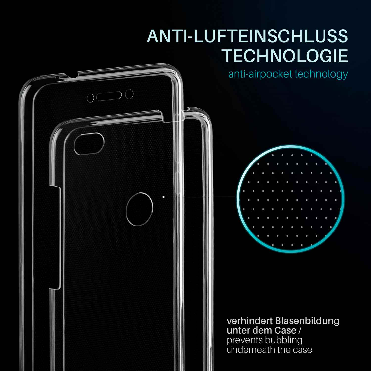 Klare Handyhüllen. Das Bild zeigt Anti-Lufteinschluss-Technologie und verhindert Blasenbildung unter der Hülle.