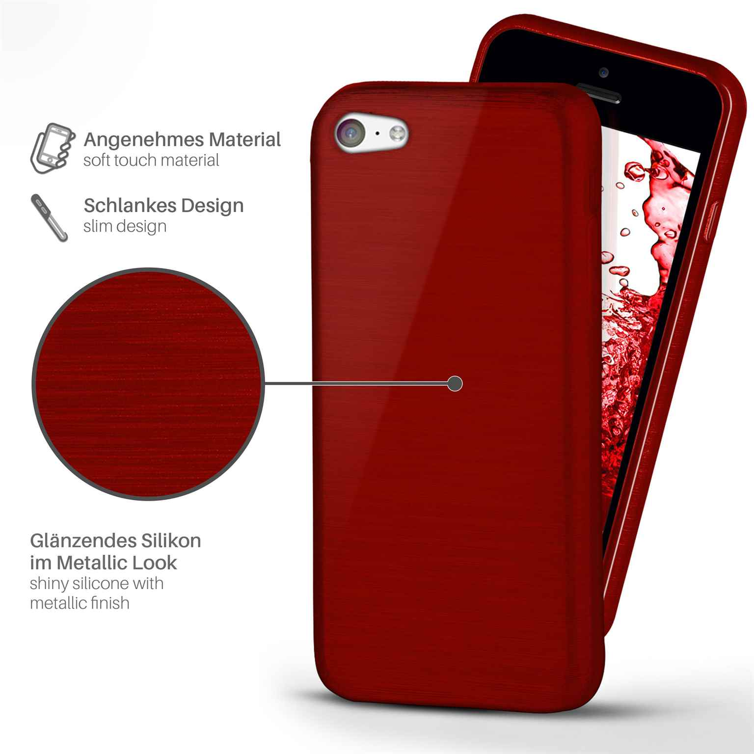Rote Handyhülle mit metallischer Textur. Das Telefon ist sichtbar und zeigt ein glänzendes Finish.