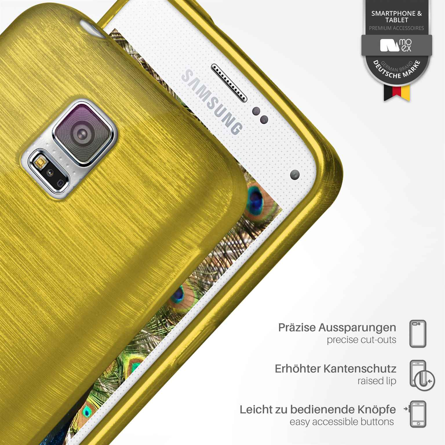 Goldene Handyhülle mit Pfauenfedern-Design, präzisen Aussparungen und erhöhten Rändern.