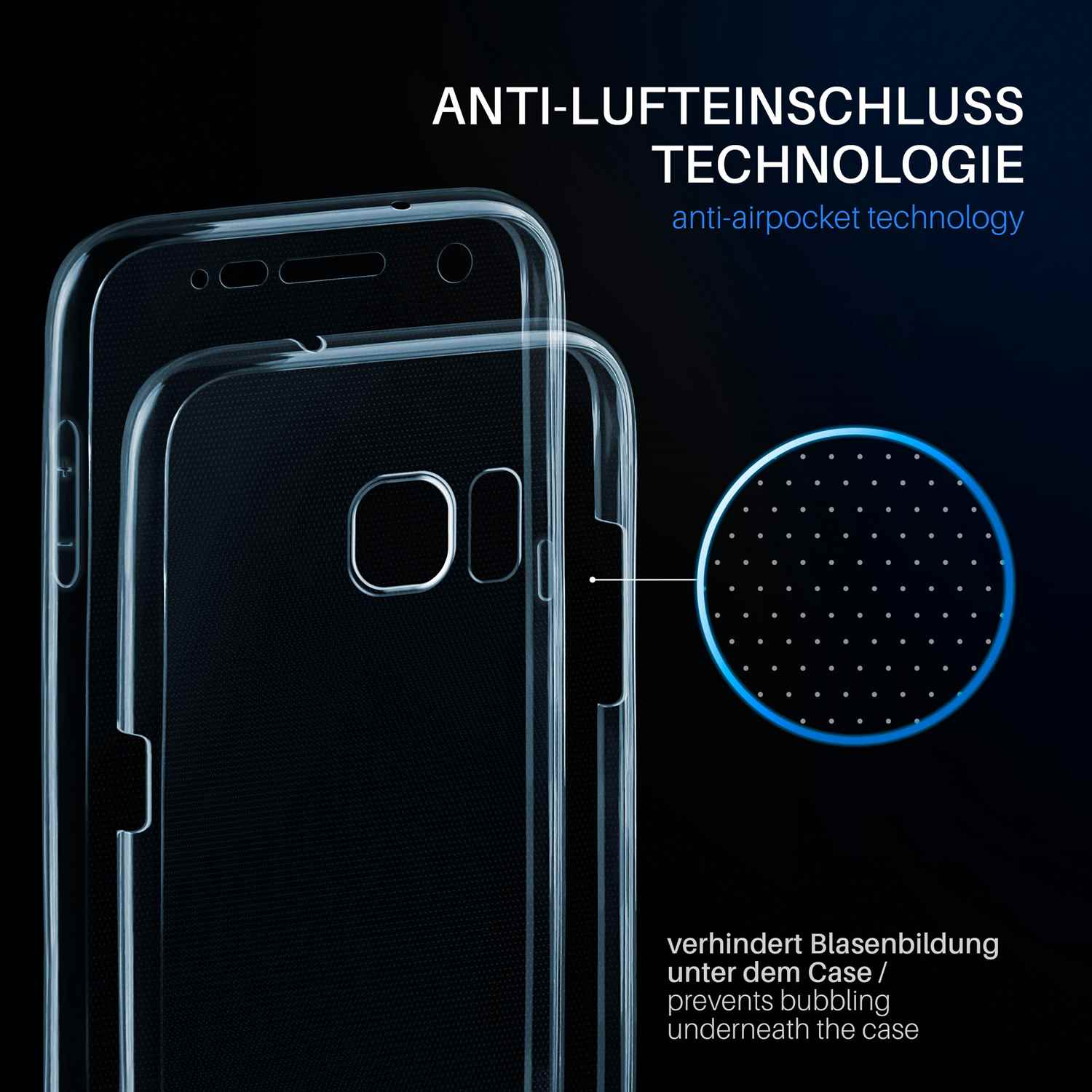 Zwei transparente Handyhüllen gestapelt. Eines hat eine Telefon-Silhouette. Ein blauer Kreis hat Punkte.