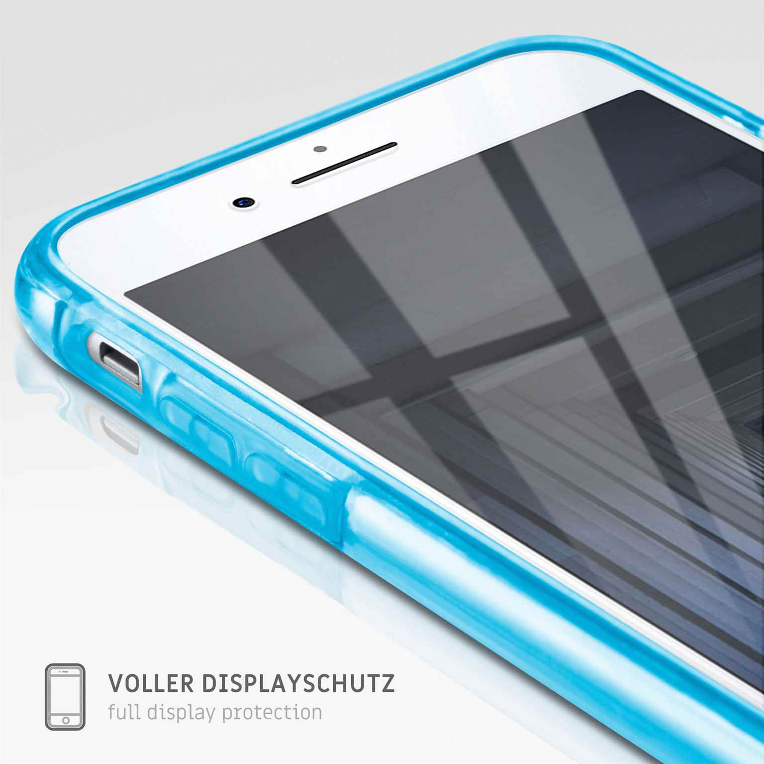 Telefon in blauem Case. Display ist an und sichtbar. Text: Voller Displayschutz.