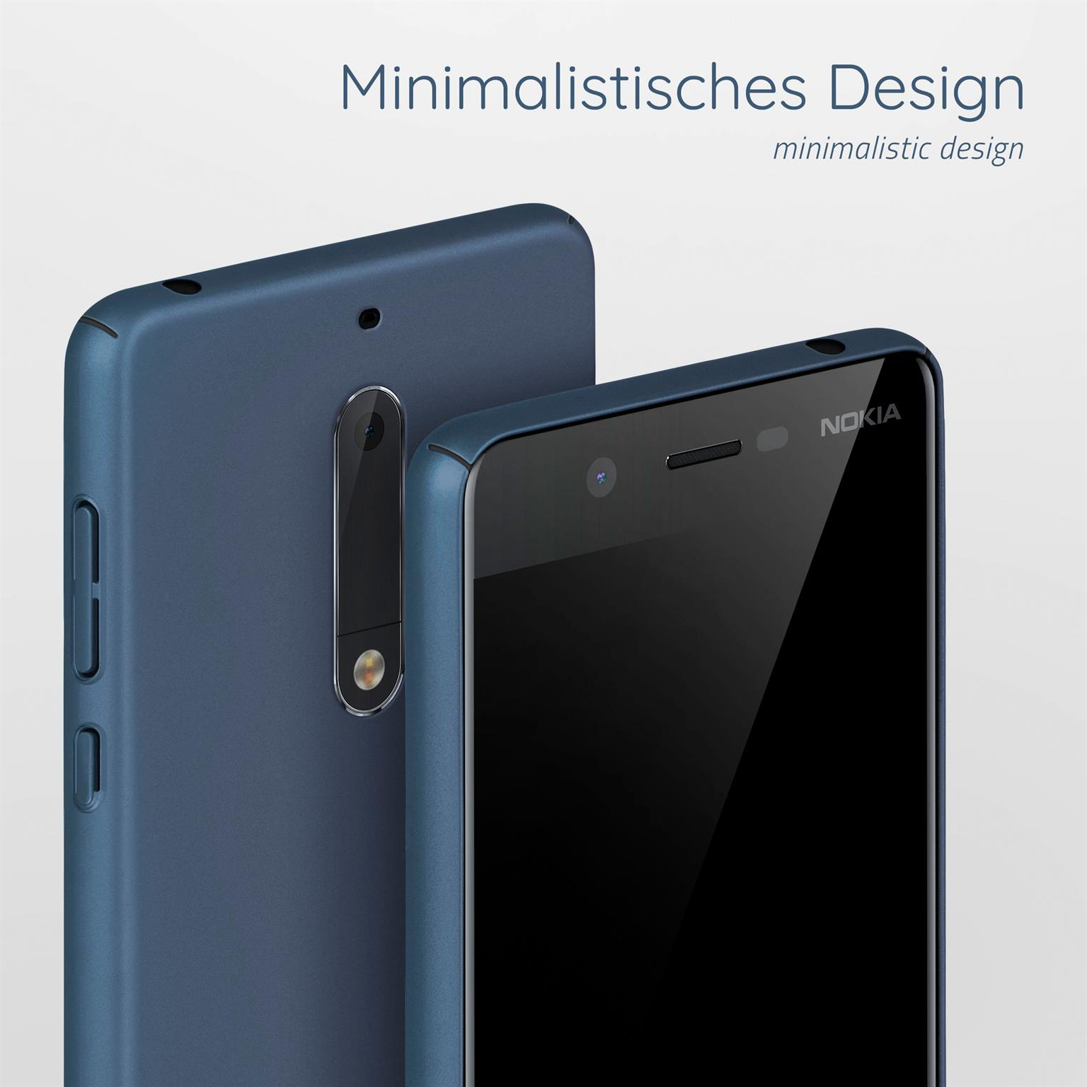 Blaue Handyhülle mit Nokia-Marke. Text oben sagt minimalistisches Design.