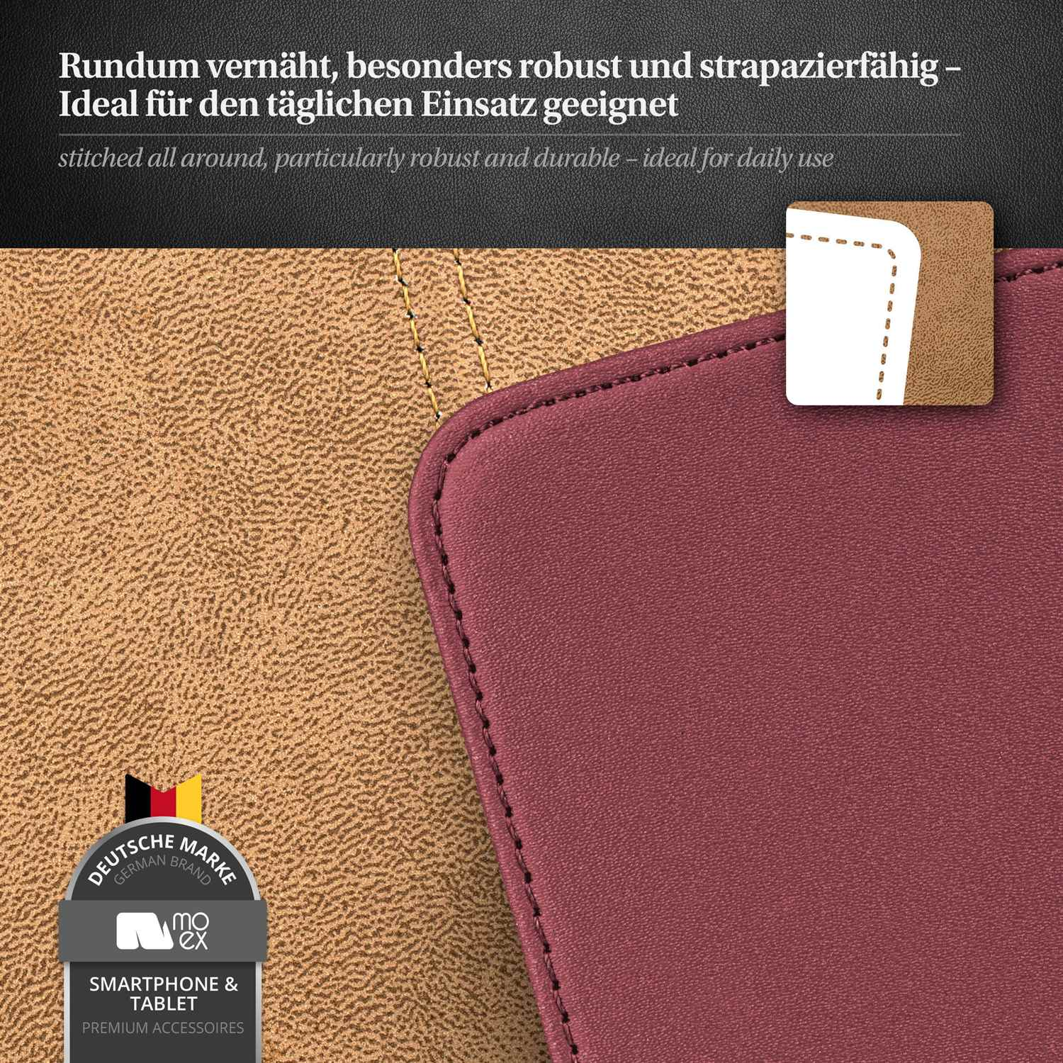 Nahaufnahme einer Handyhülle. Die Hülle ist weinrot und hat Nahtdetails.