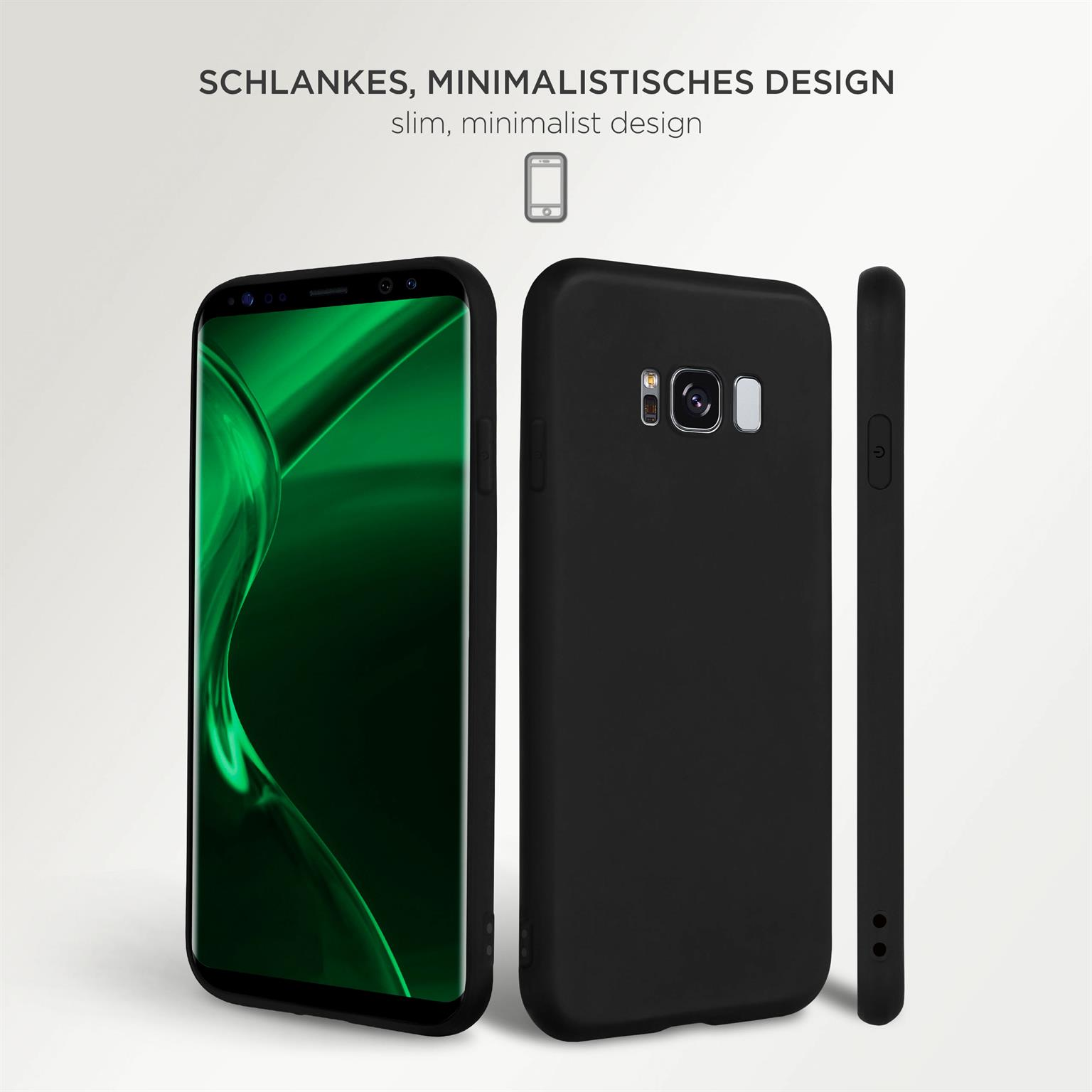 Drei Ansichten einer schwarzen Handyhülle, die ihr Design zeigt, mit grünem Bildschirm vorne.
