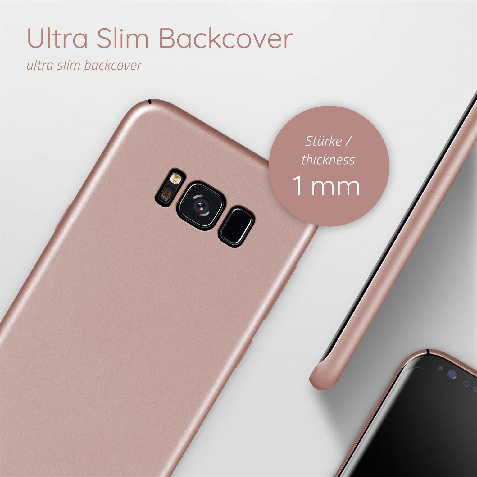 Eine roségoldene Handyhülle wird mit einem Telefon gezeigt. Die Hülle ist dünn. Die Seite des Telefons ist sichtbar.