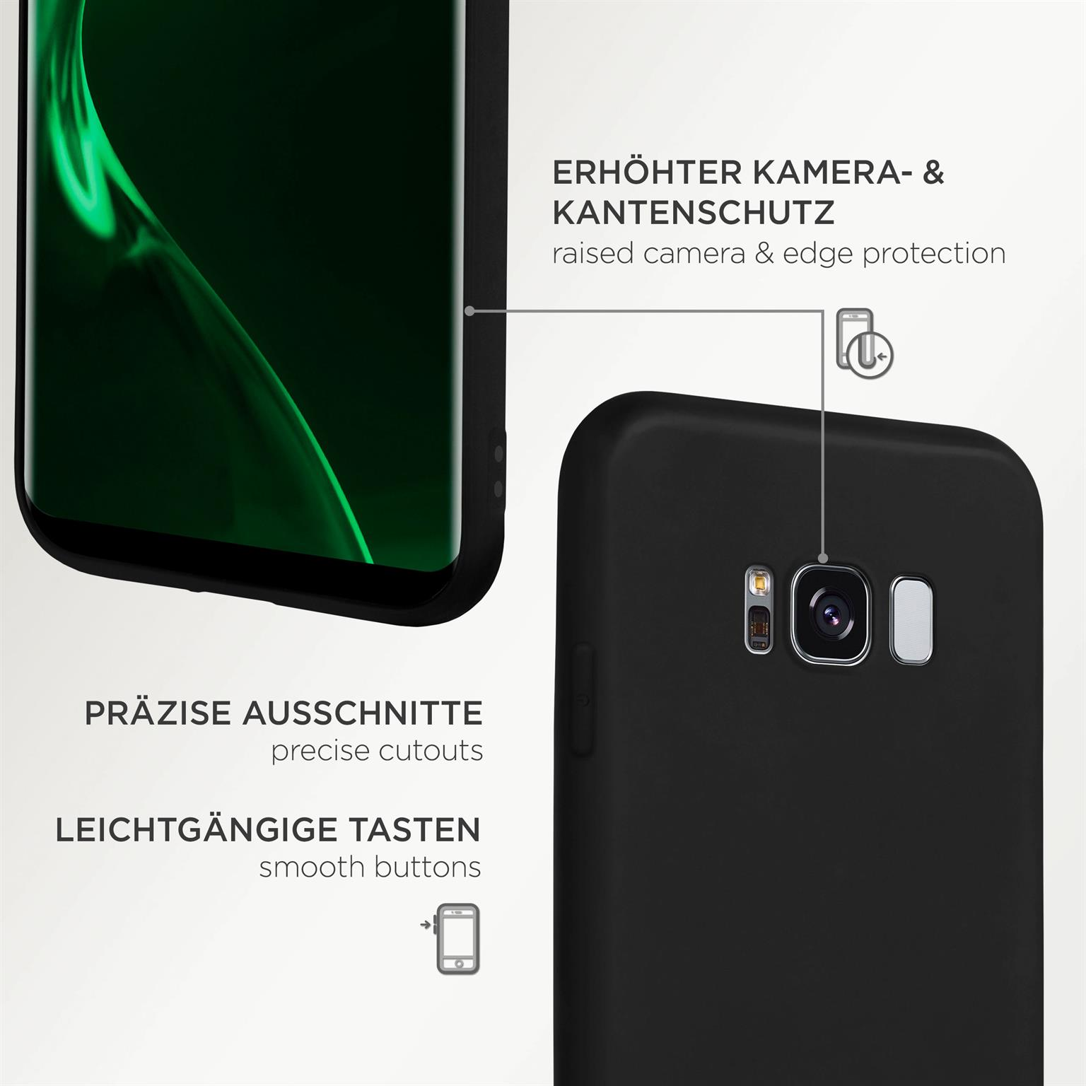 Nahaufnahme einer schwarzen Handyhülle mit Beschriftungen, die Funktionen angeben.