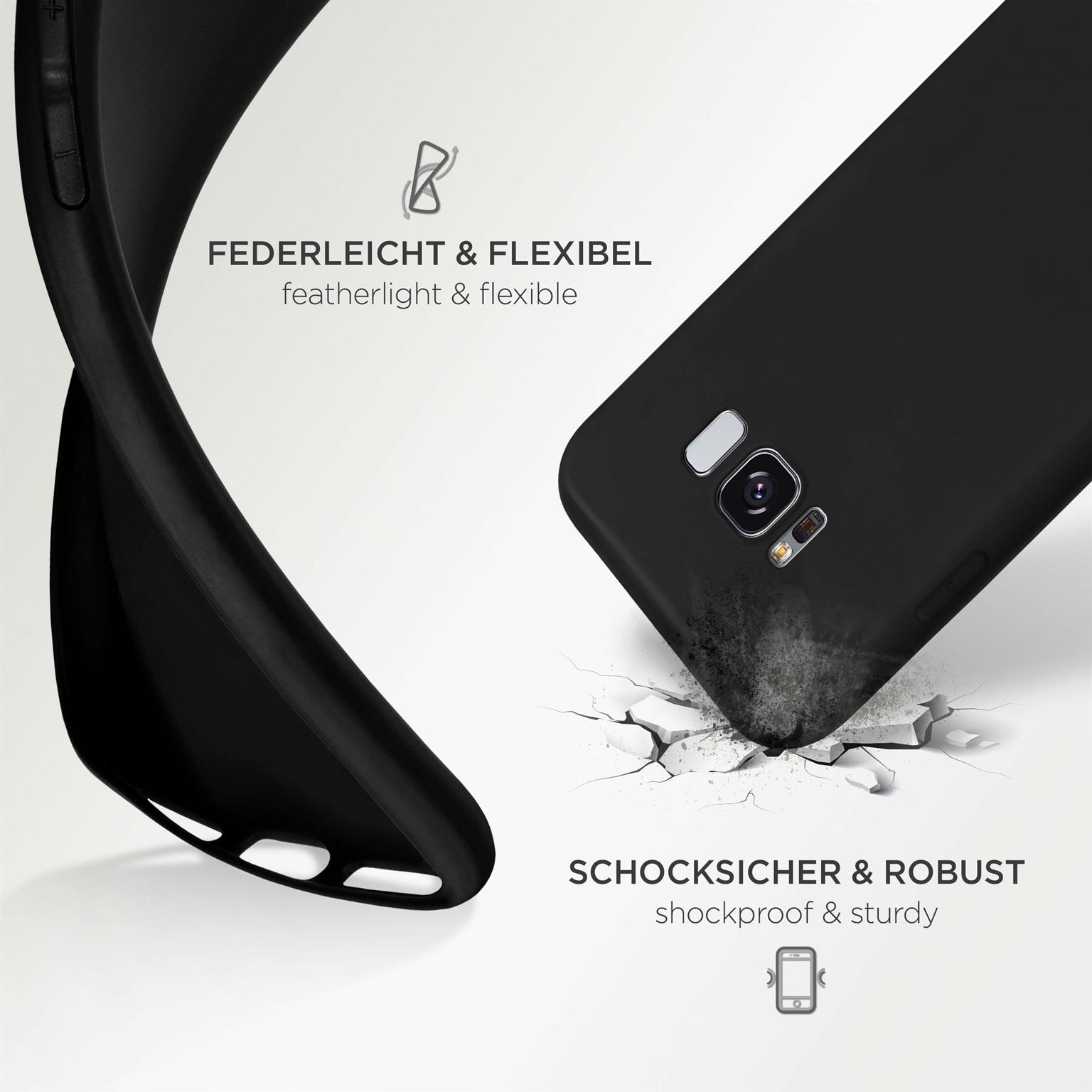 Schwarze Handyhülle, biegt sich. Text: Federleicht & flexibel, stoßfest & robust. Weißer Hintergrund.