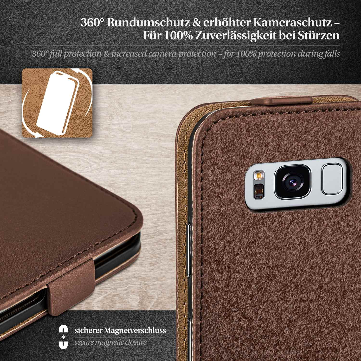 Handyhülle mit braunem und schwarzem Design. Text oben: '360° Rundumschutz'.