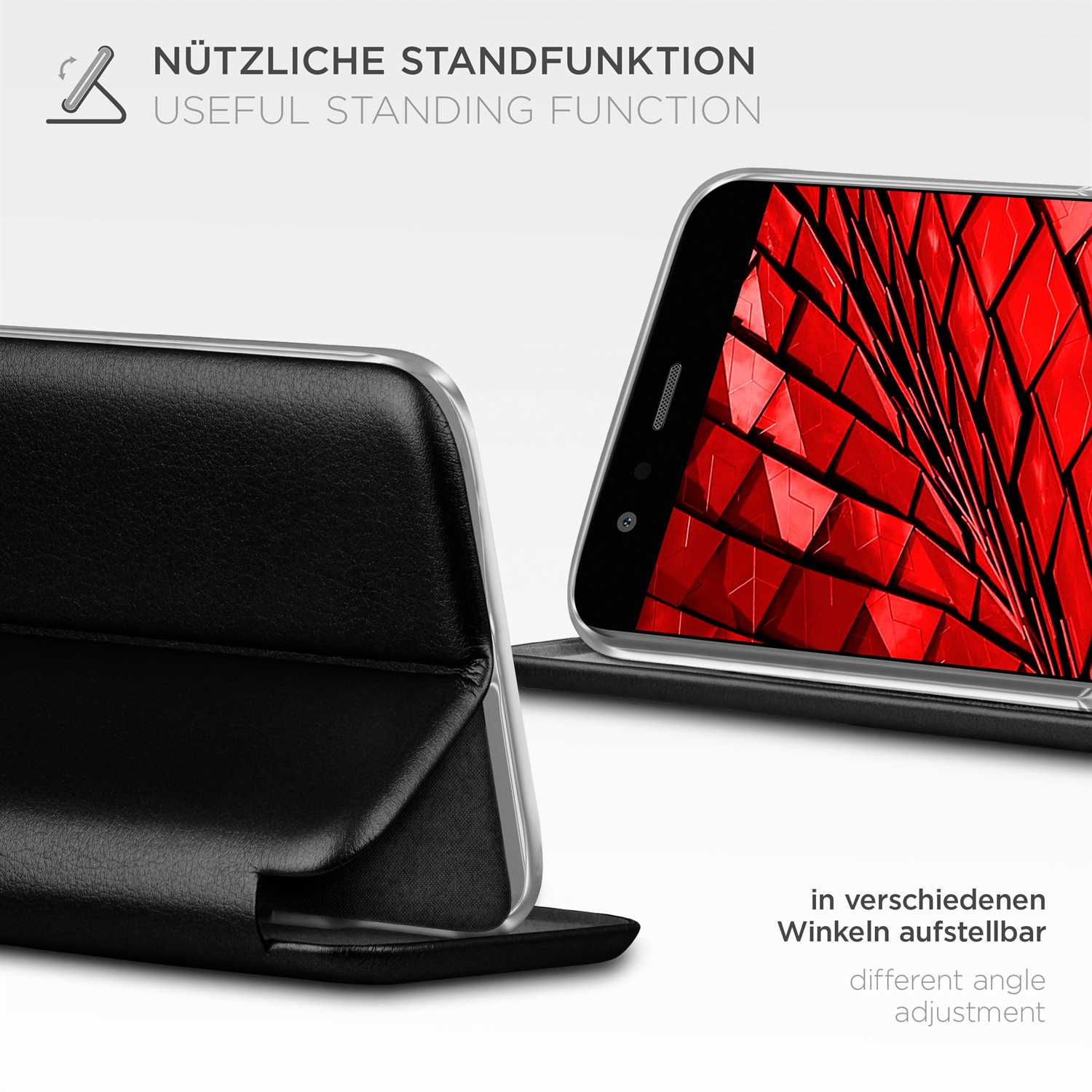 Schwarze Handyhülle mit rotem Design, auf schwarzer Lederoberfläche, angewinkelt.