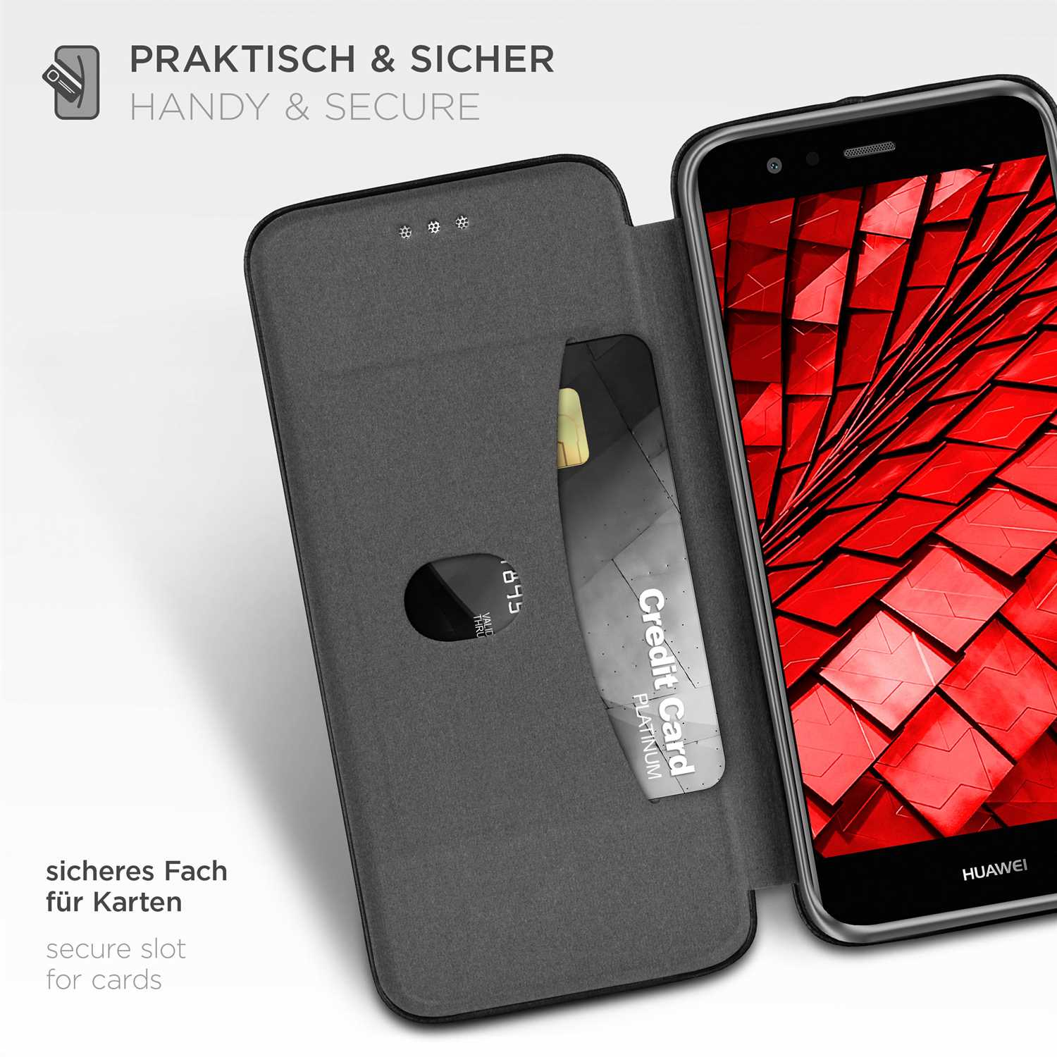 Graue Handyhülle geöffnet, mit Kreditkartenfach. Das Telefon in der Hülle ist sichtbar.