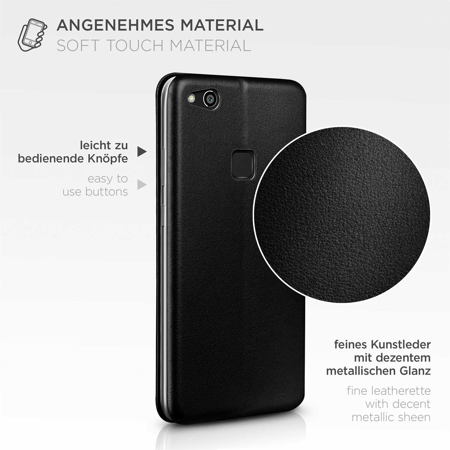 Schwarze Handyhülle mit lederartiger Textur. Benutzerfreundliche Tasten sind hervorgehoben. Metallischer Glanz ist sichtbar.