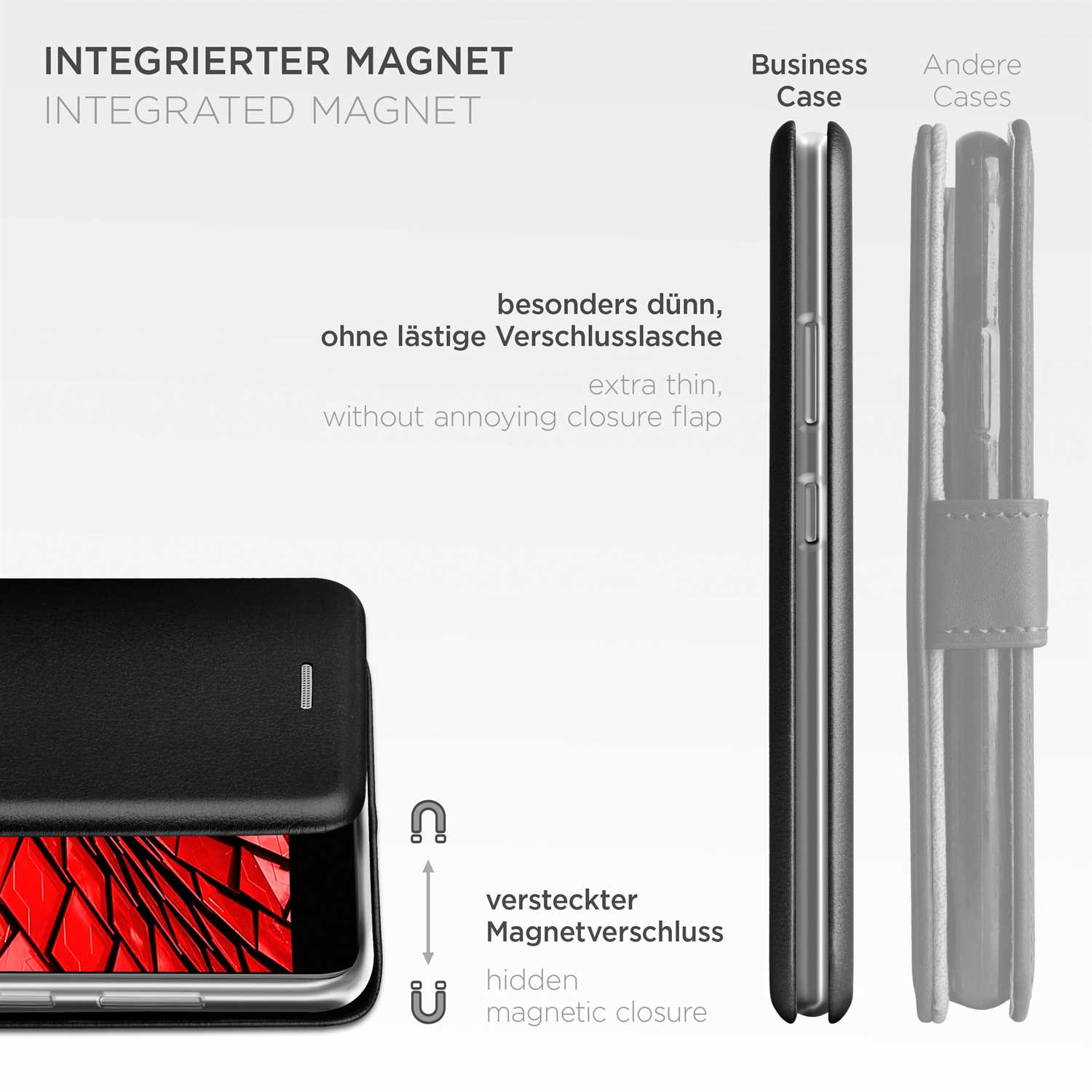Eine schwarze Handyhülle mit Magnetverschluss, geschlossen und offen gezeigt. Der Text besagt, dass sie extra dünn ist und einen versteckten Magneten hat.