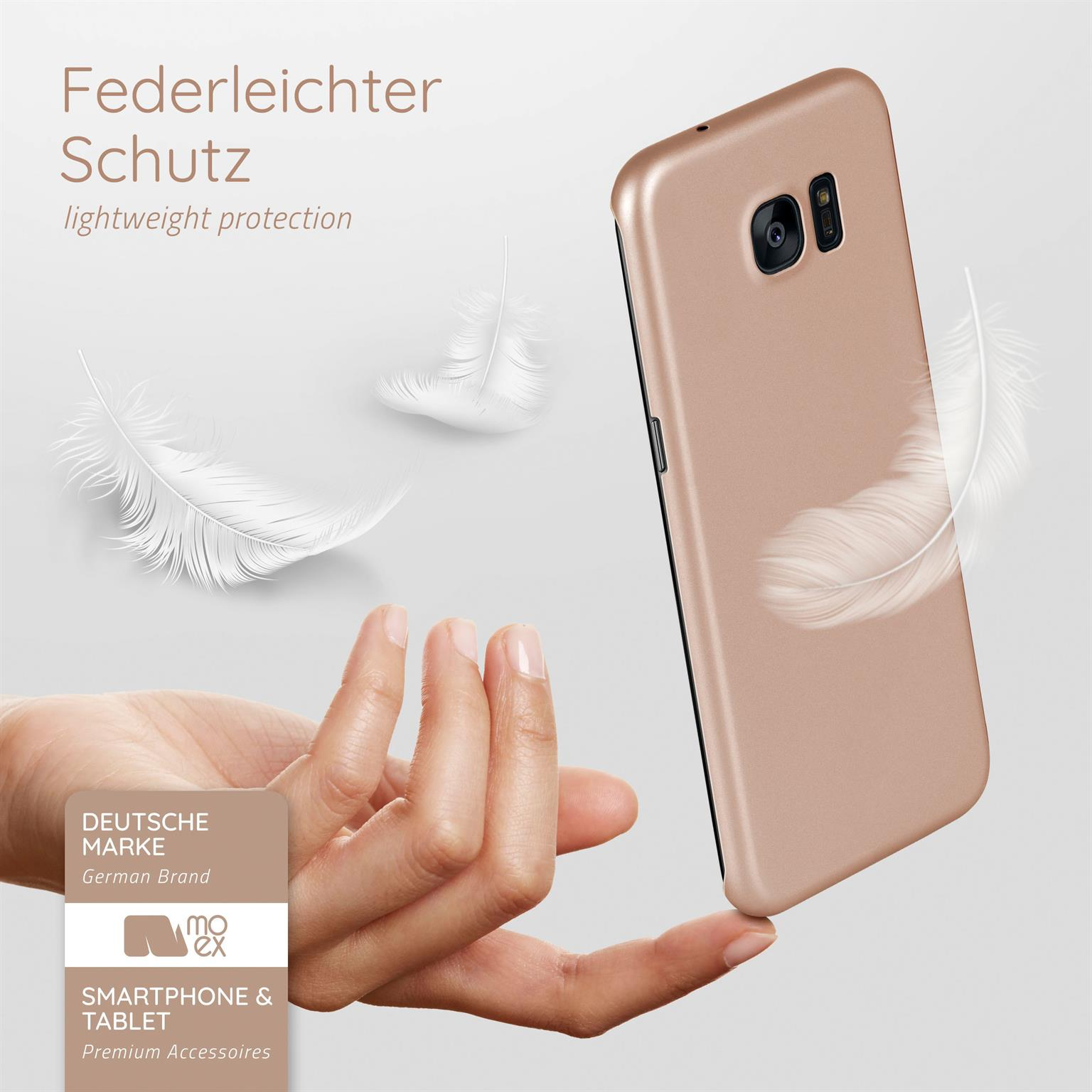 Eine goldene Handyhülle wird von einer Hand gehalten. Weiße Federn schweben. Text: leichter Schutz, deutsche Marke.