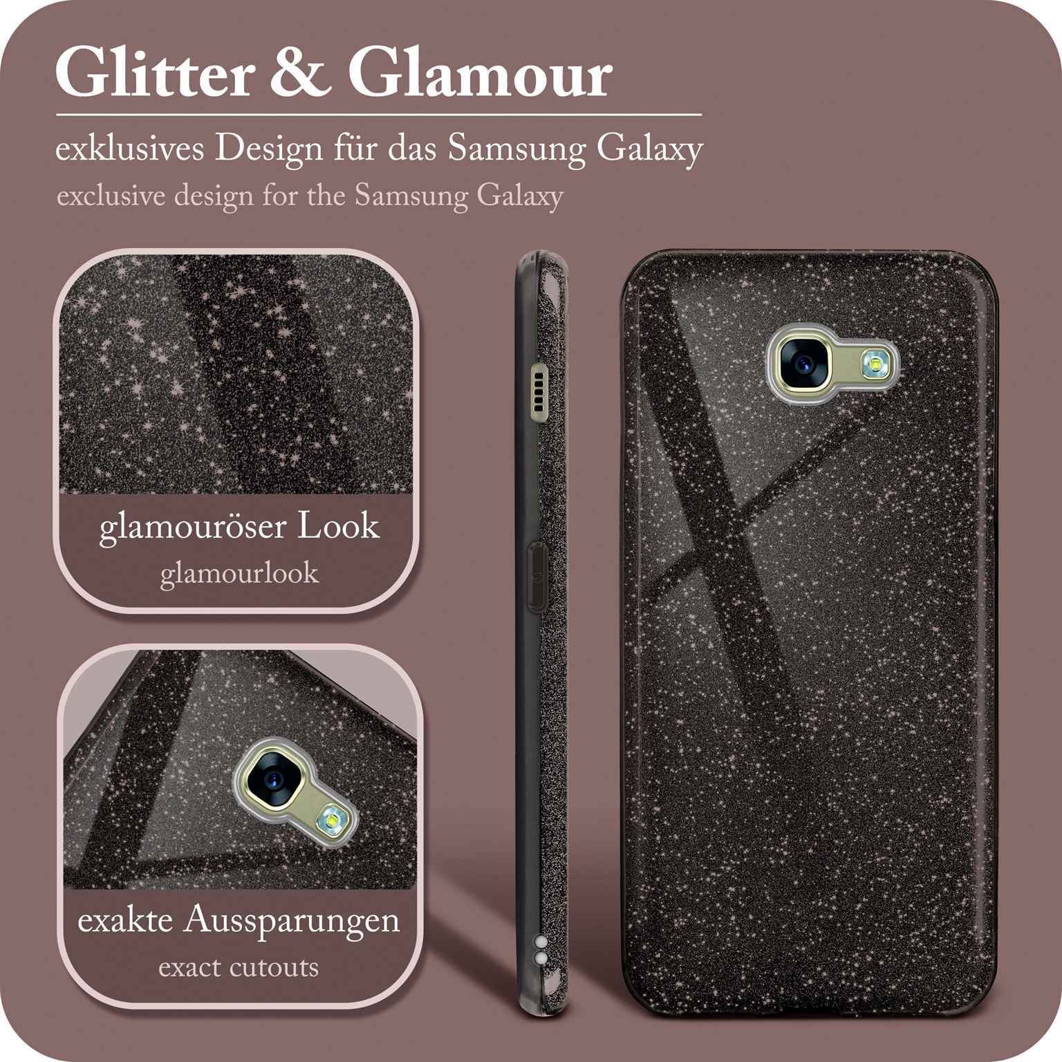 Nahaufnahmen von Produktfotos einer Handyhülle mit Glitzerdesign. Text lautet 'Glitter & Glamour'.