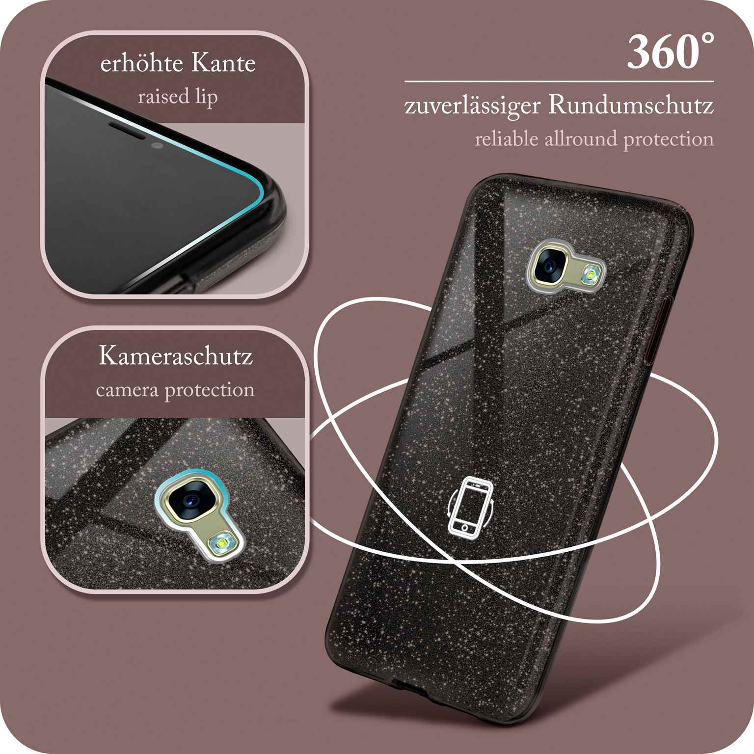 Eine Handyhülle mit einem Handy darin. Details zeigen die erhöhte Lippe und den Kameraschutz.