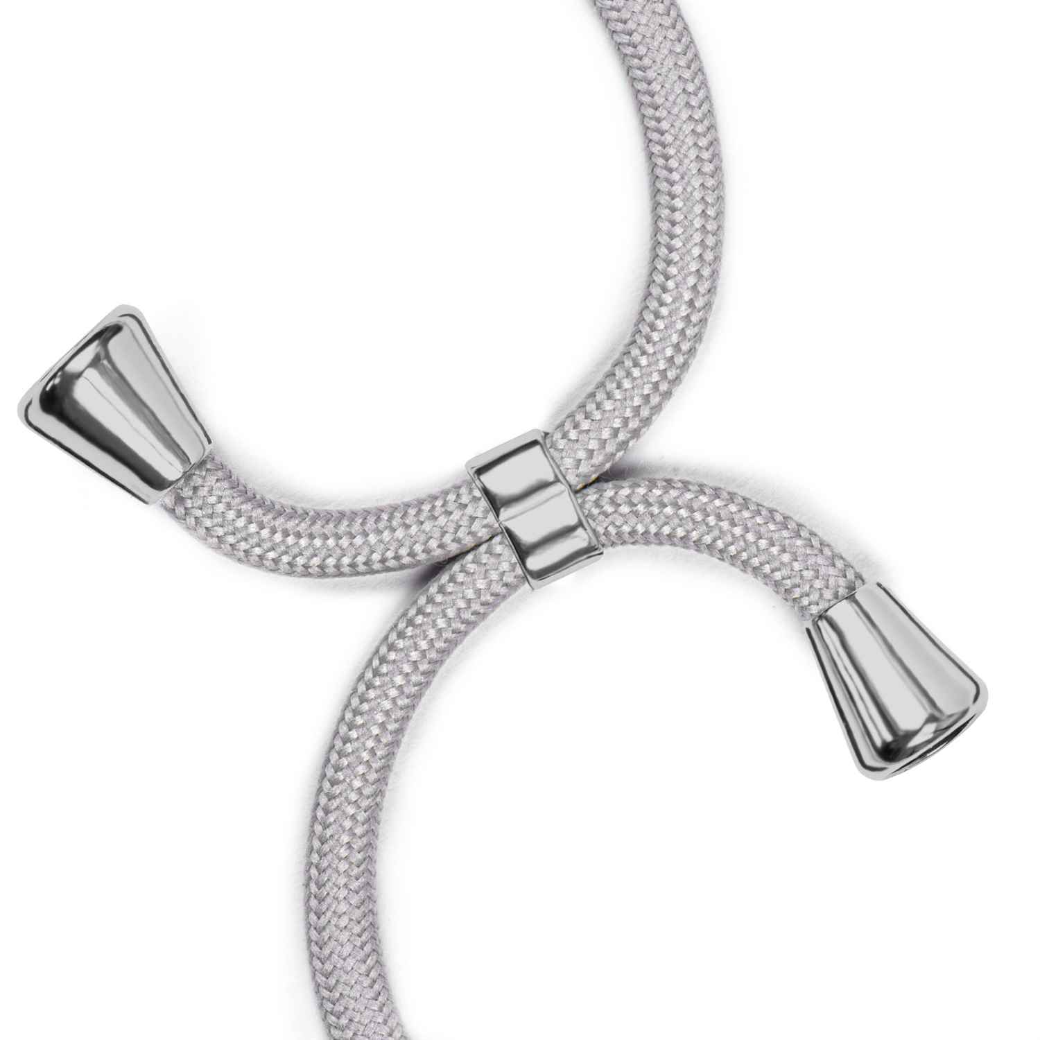 Silbernes Seil-Handy-Lanyard. Weißer Hintergrund. Silberne konische Enden. Geflochtene Textur.