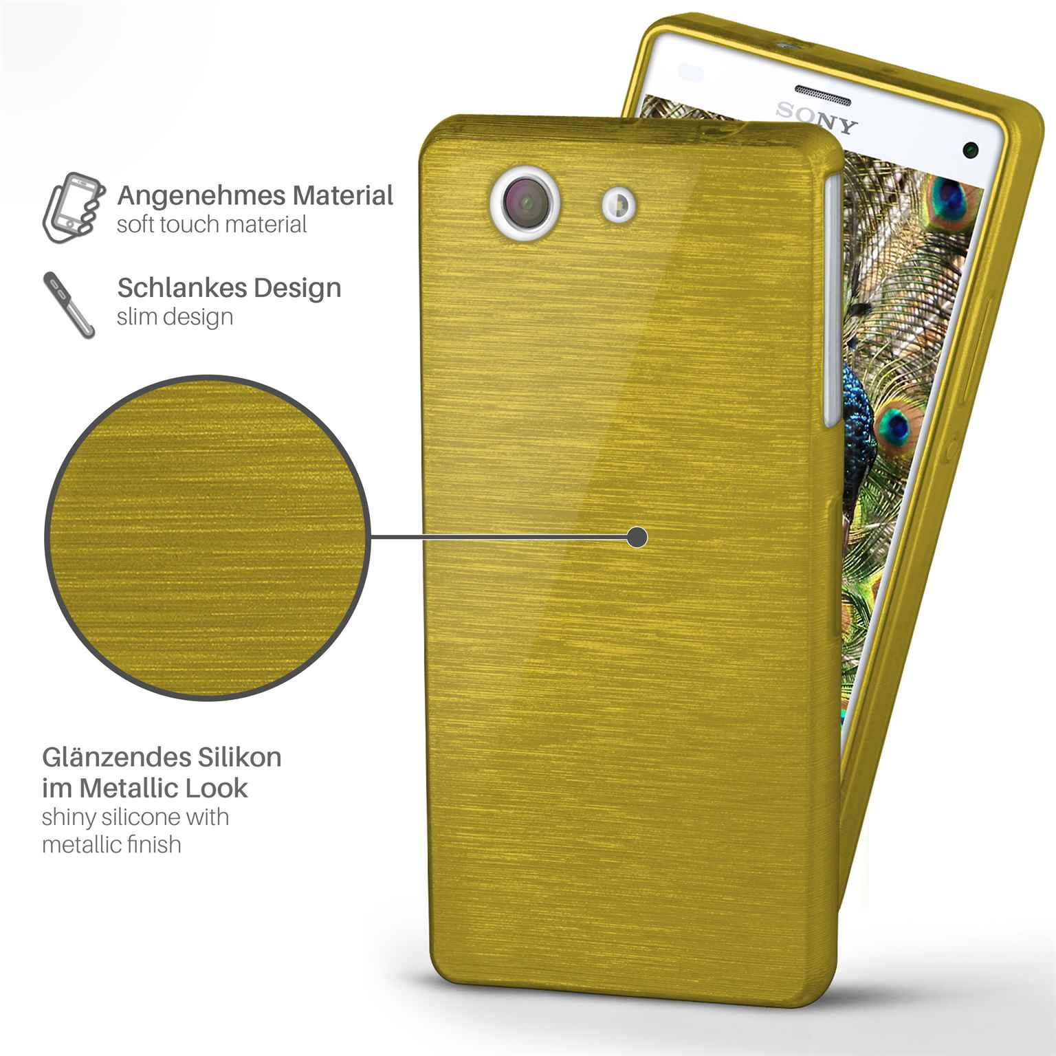 Goldene Handyhülle auf Telefon mit Pfauenfedern-Hintergrund. Nahansicht.
