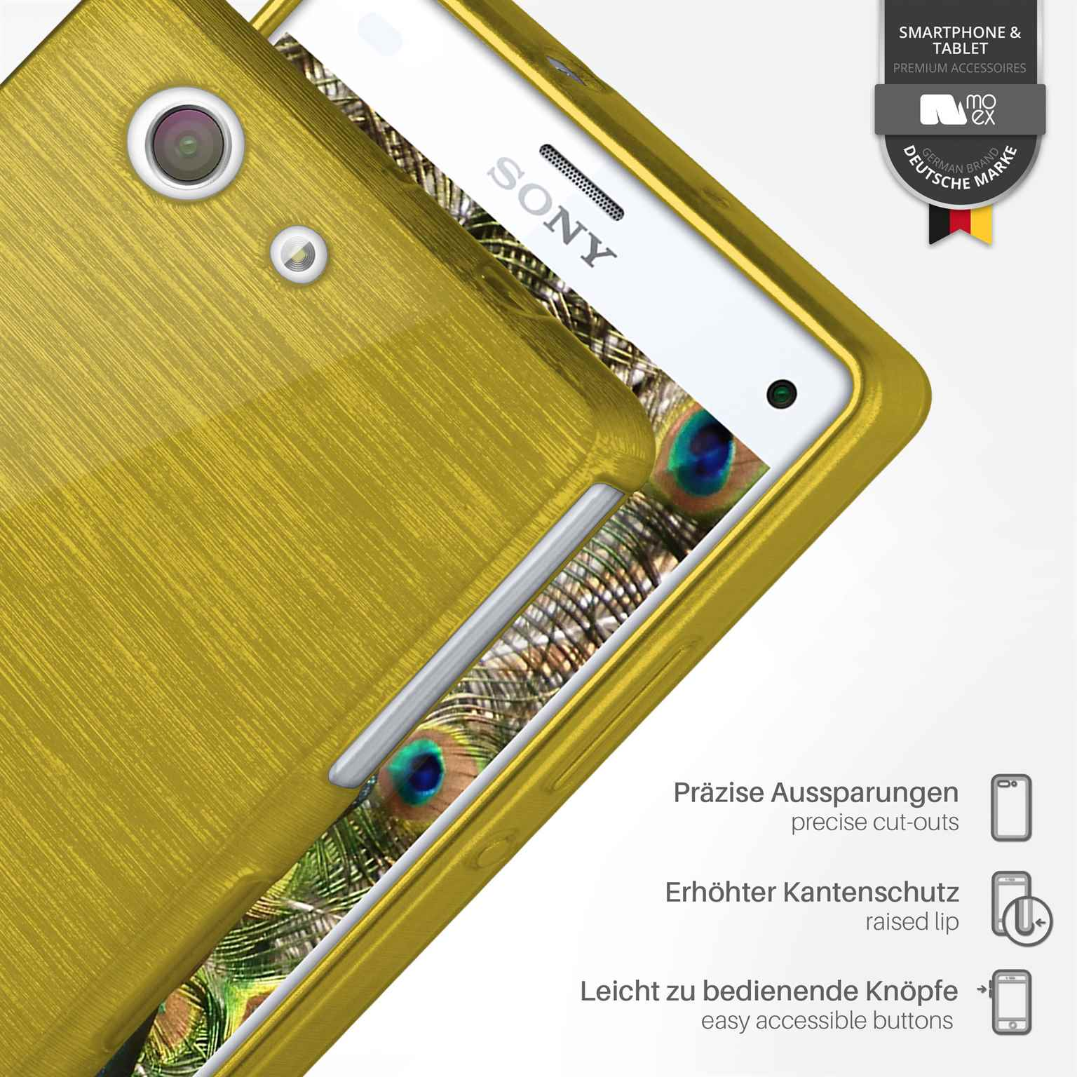 Goldene Handyhülle mit Telefon darin. Ausschnitte und erhöhte Lippe sind hervorgehoben. Pfauenfeder-Design.