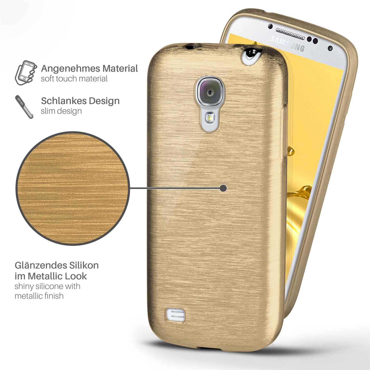 Eine goldene Handyhülle auf einem goldenen Telefon. Die Hülle hat ein Metallic-Finish. Das Telefon befindet sich auf weißem Hintergrund.