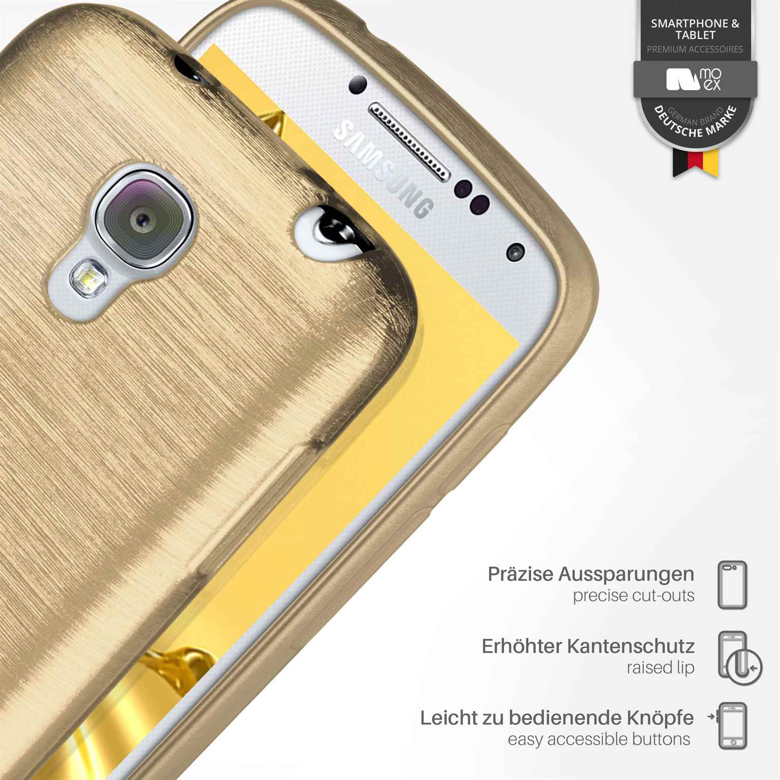 Handyhülle mit Text und einem Telefon darin. Goldener Hintergrund.