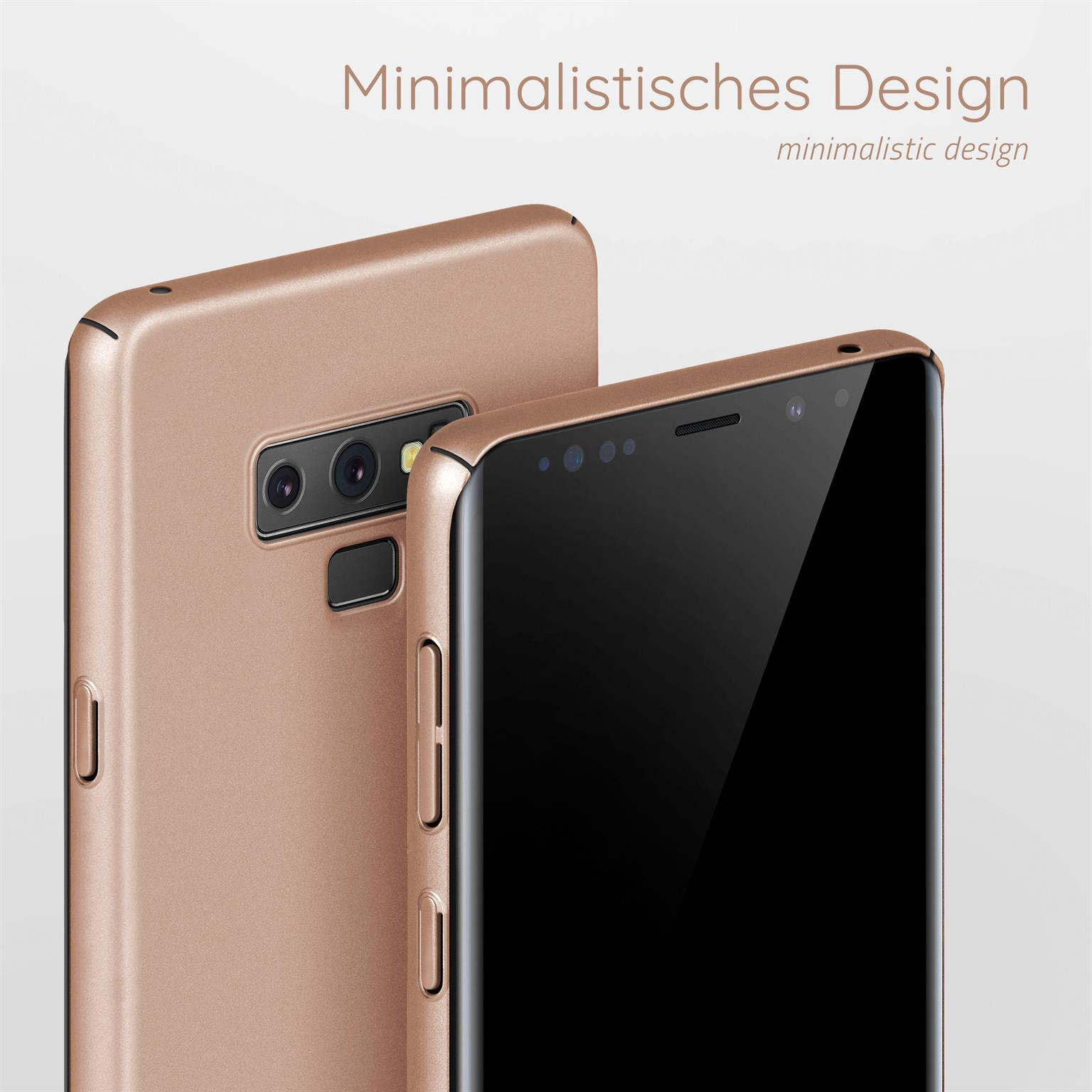 Eine Handyhülle und ein Handy. Die Hülle ist roségold, das Handy schwarz. Das Design ist elegant.