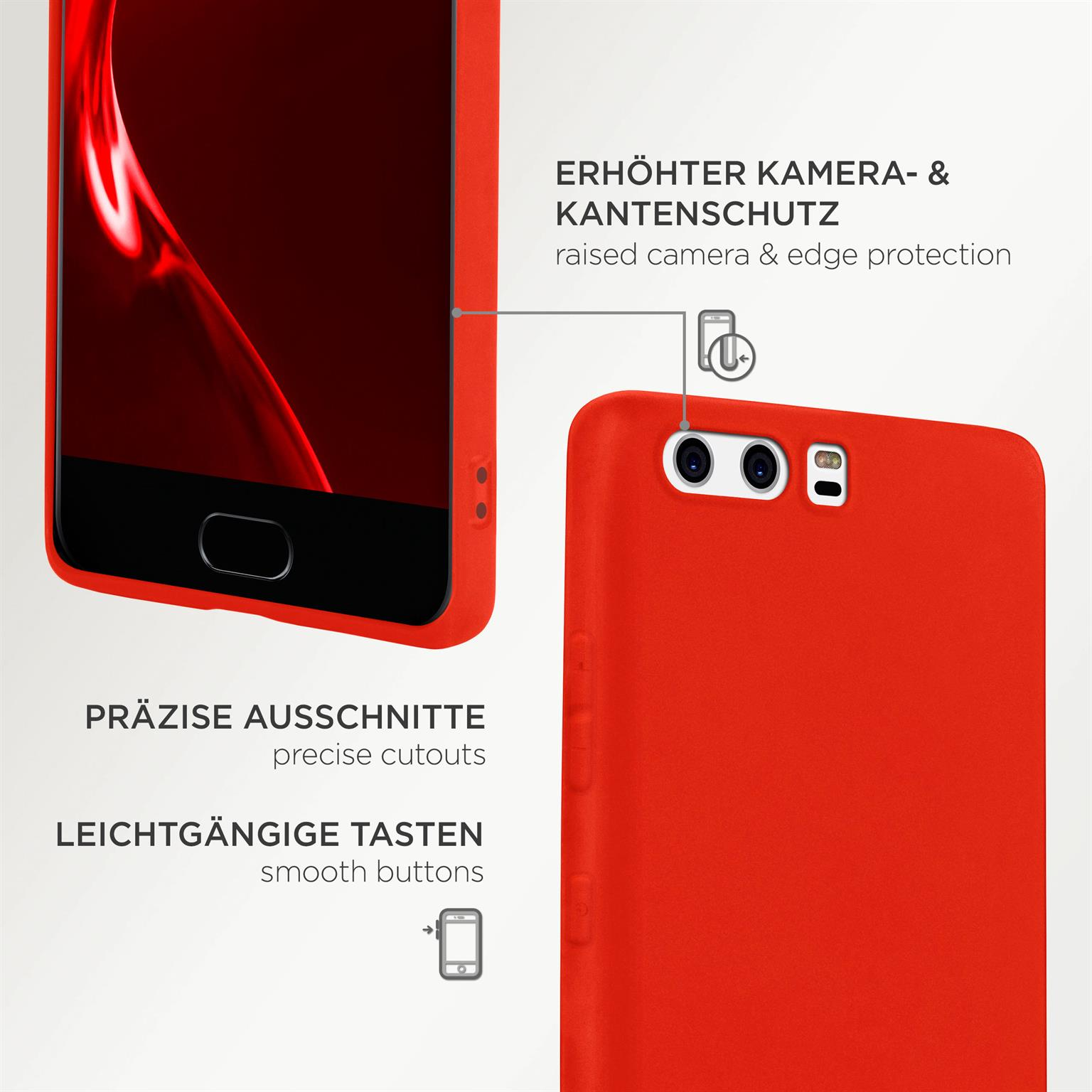 Rote Handyhülle. Nahaufnahme von Knöpfen, Kamera und Kanten.