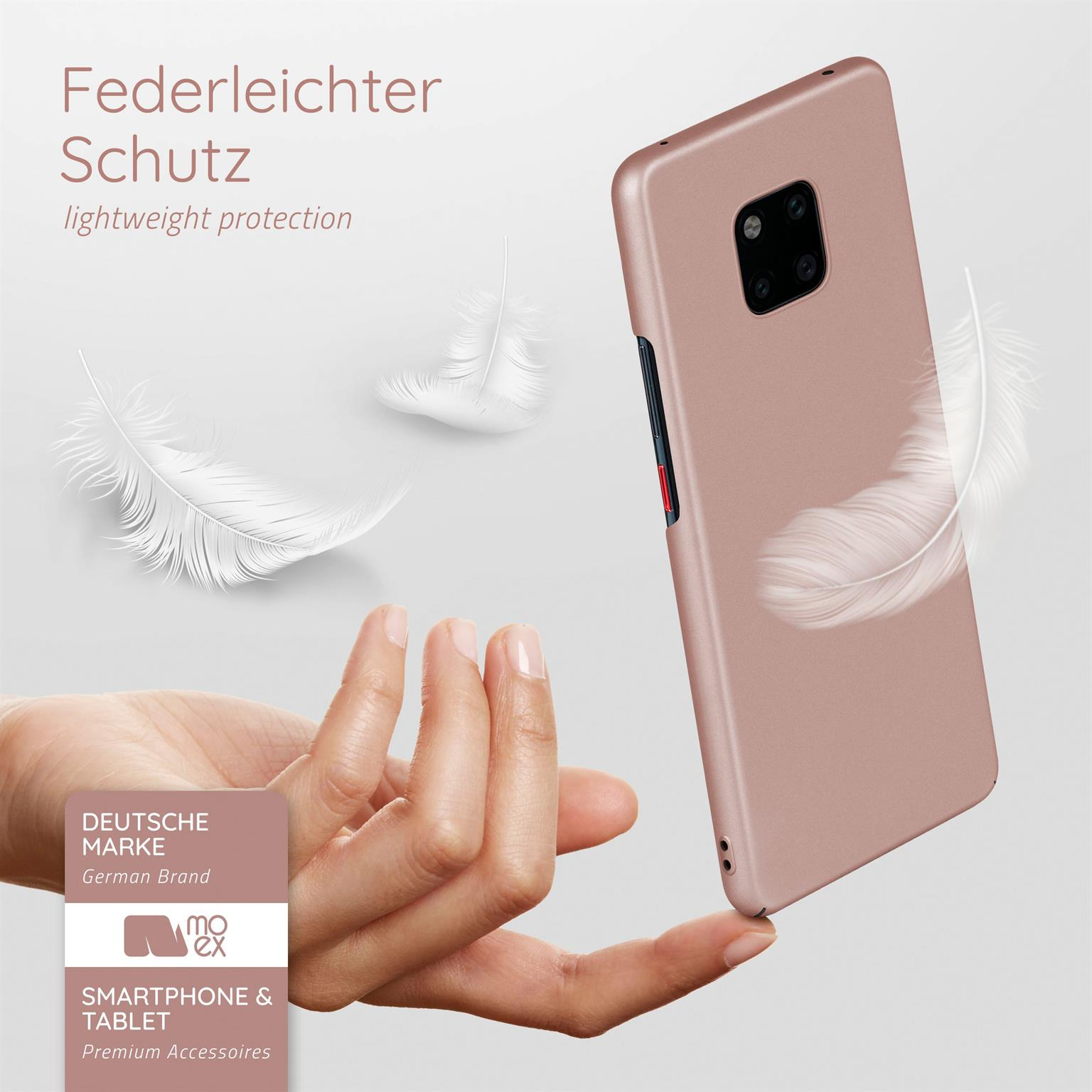 Rosafarbene Handyhülle, Hand mit Federn. Text: Federleichter Schutz, Deutsche Marke.