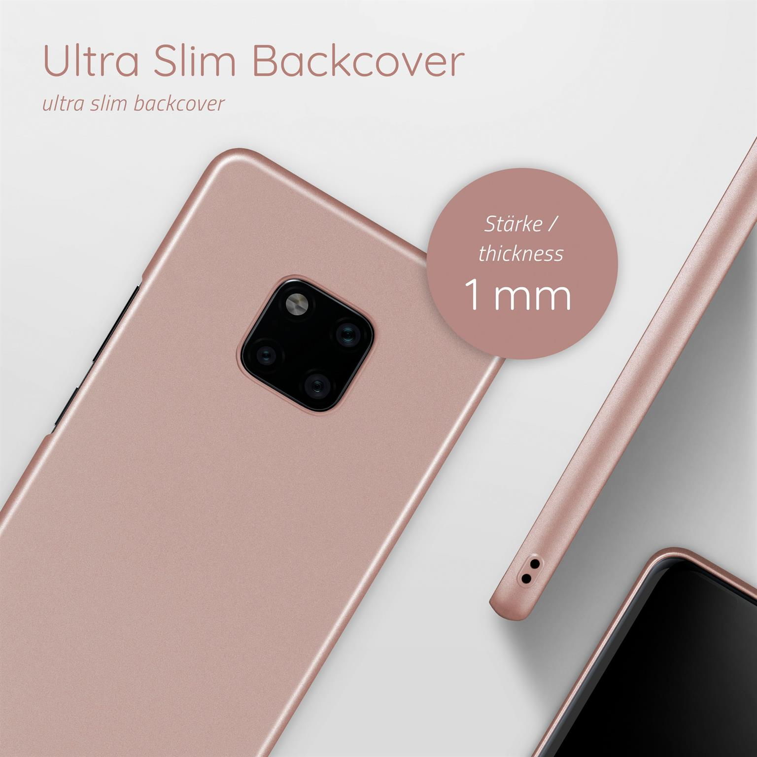 Eine roségoldene Telefon-Rückseite, Nahaufnahme. Die Dicke beträgt 1 mm.