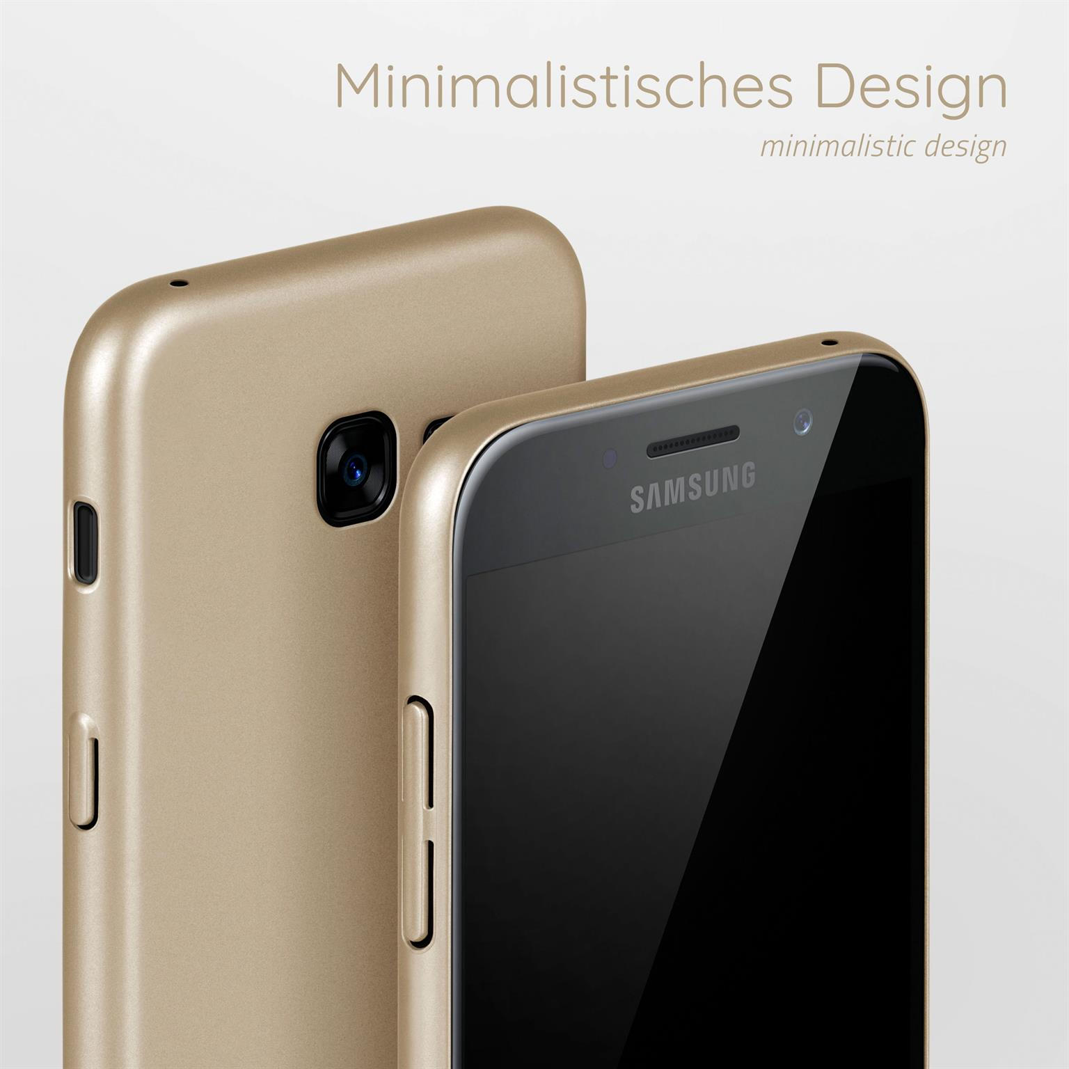 Goldenes Telefon mit goldener Hülle. Text: Minimalistisches Design. Schwarzer Bildschirm.
