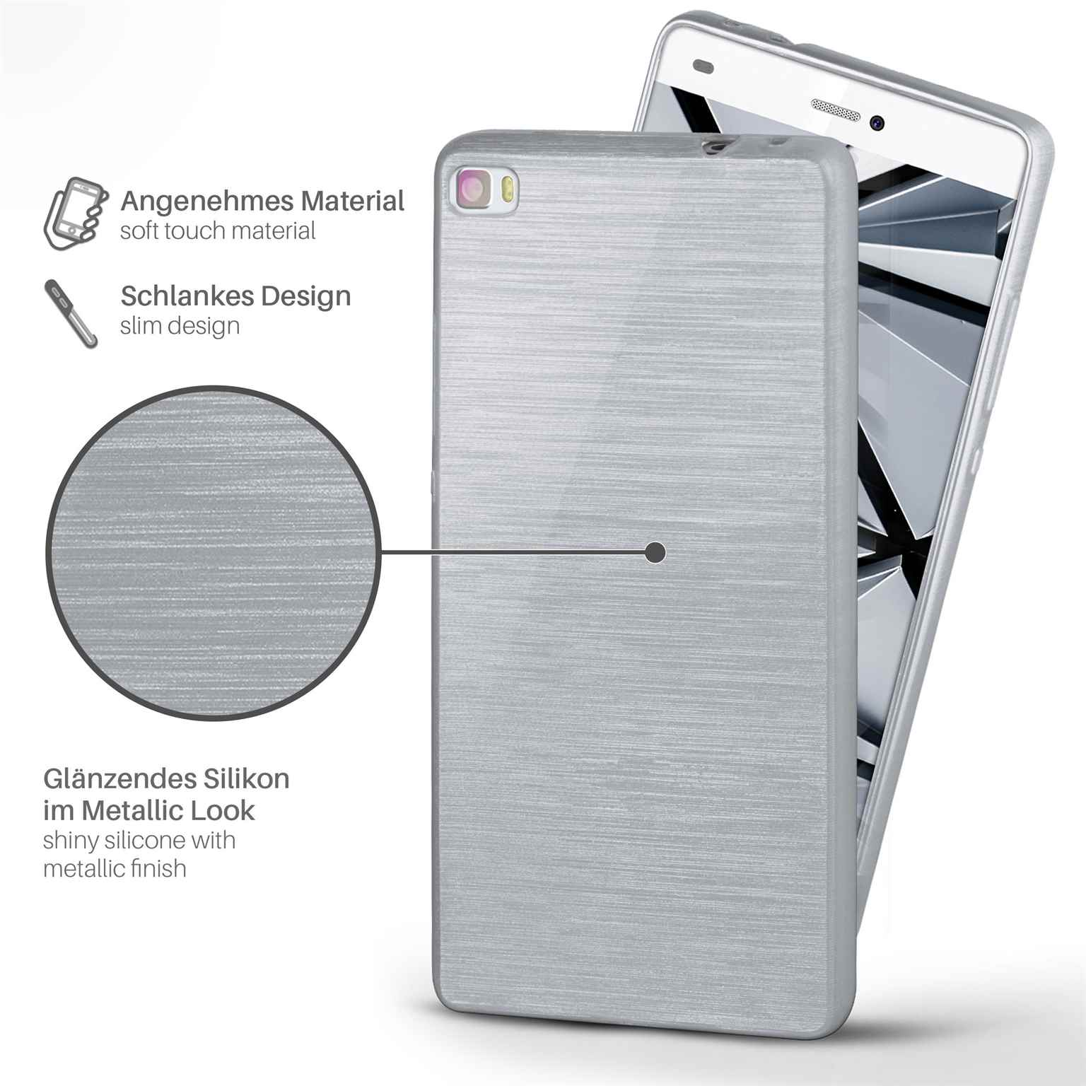 Eine silberne Handyhülle auf einem Telefon, die ein metallisches Finish zeigt.