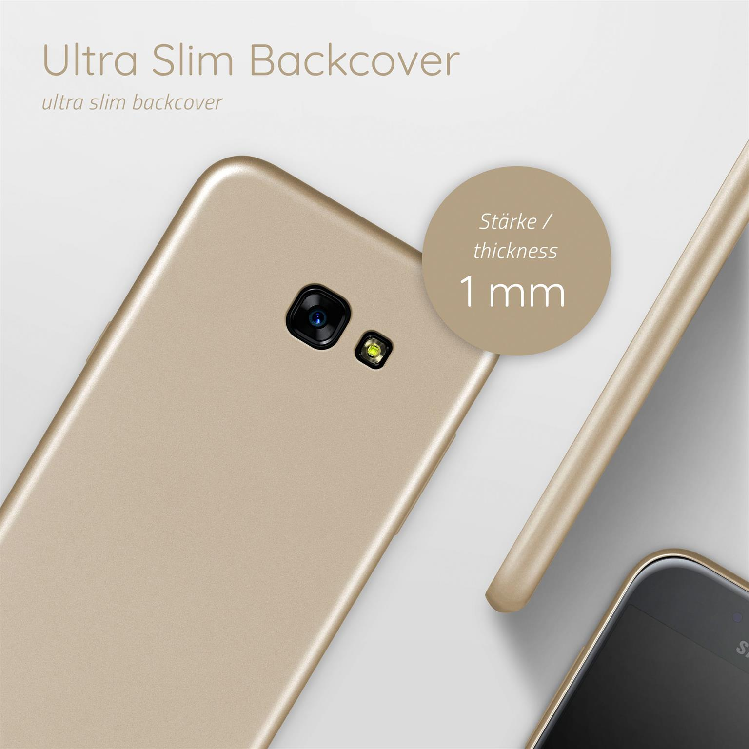 Eine goldene Handy-Rückseite. Die Stärke beträgt 1 mm.