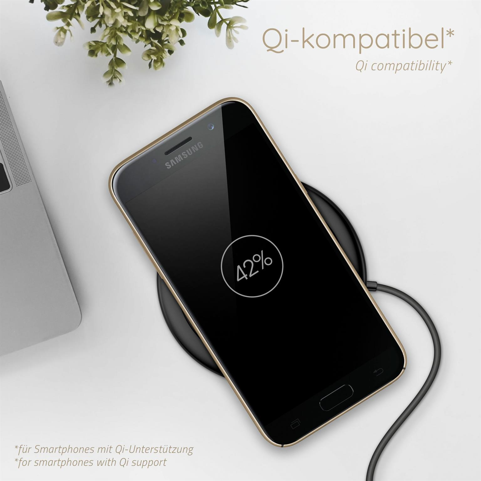 Ein Samsung-Telefon auf einem kabellosen Ladepad. Das Telefon zeigt einen Ladeprozentsatz von 42% an.