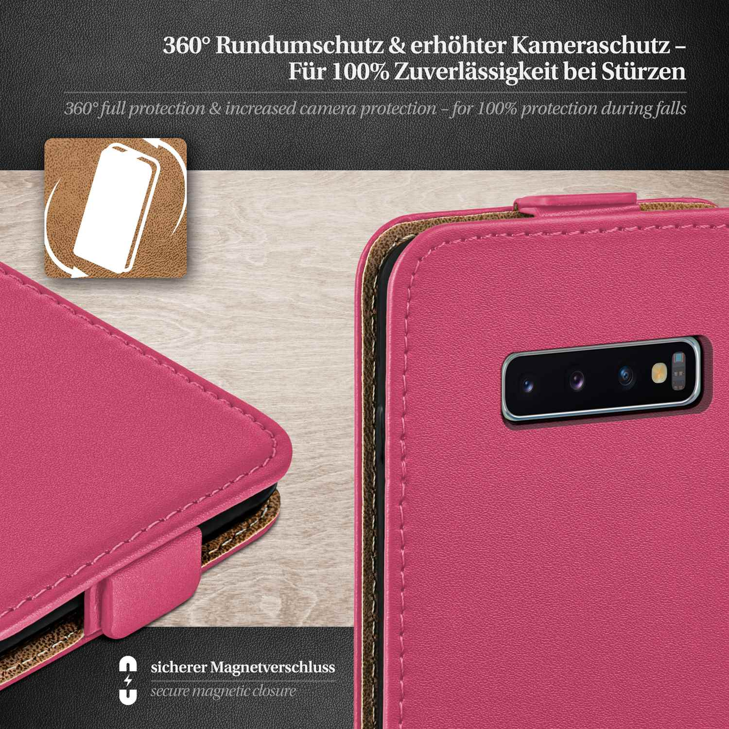 Rosa Handyhülle. Sie hat einen Magnetverschluss. Das Telefon ist in der Hülle. Die Hülle liegt auf Holz.