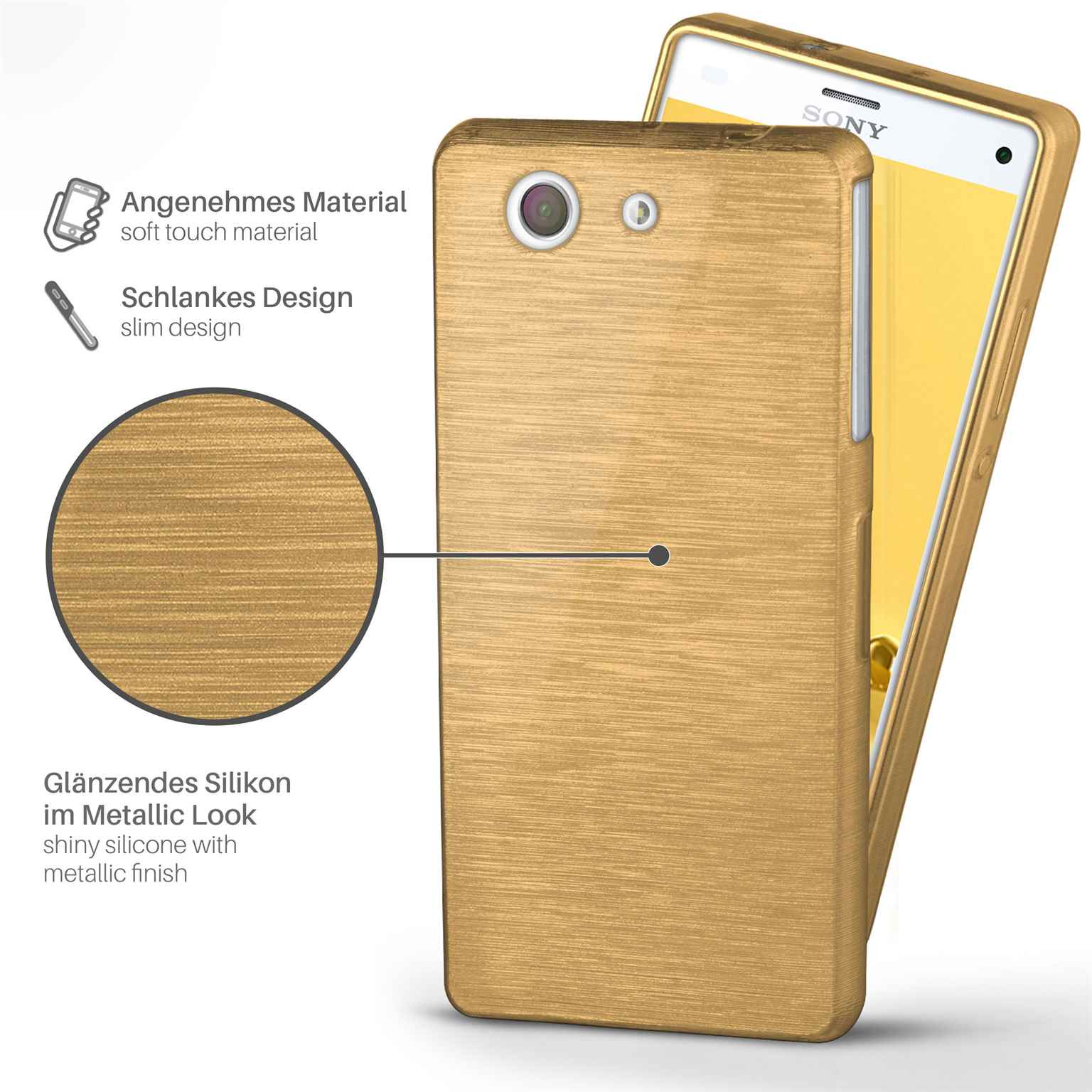 Eine goldene Handyhülle mit Metallic-Look um ein Telefon. Text sagt Soft-Touch und schlankes Design.