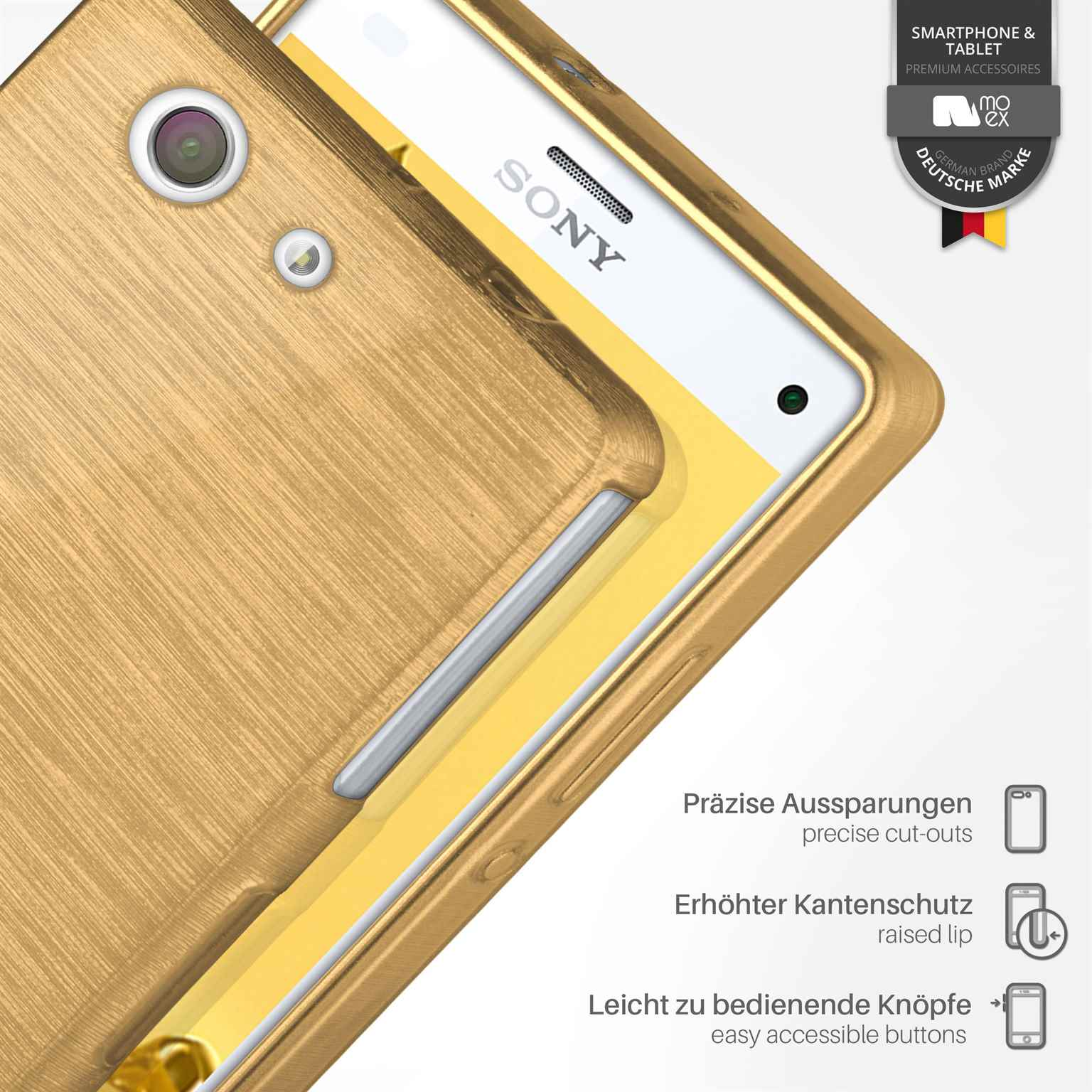 Goldene Handyhülle mit goldenem Telefon. Text: Präzise Aussparungen, erhöhte Lippe, einfache Tasten.