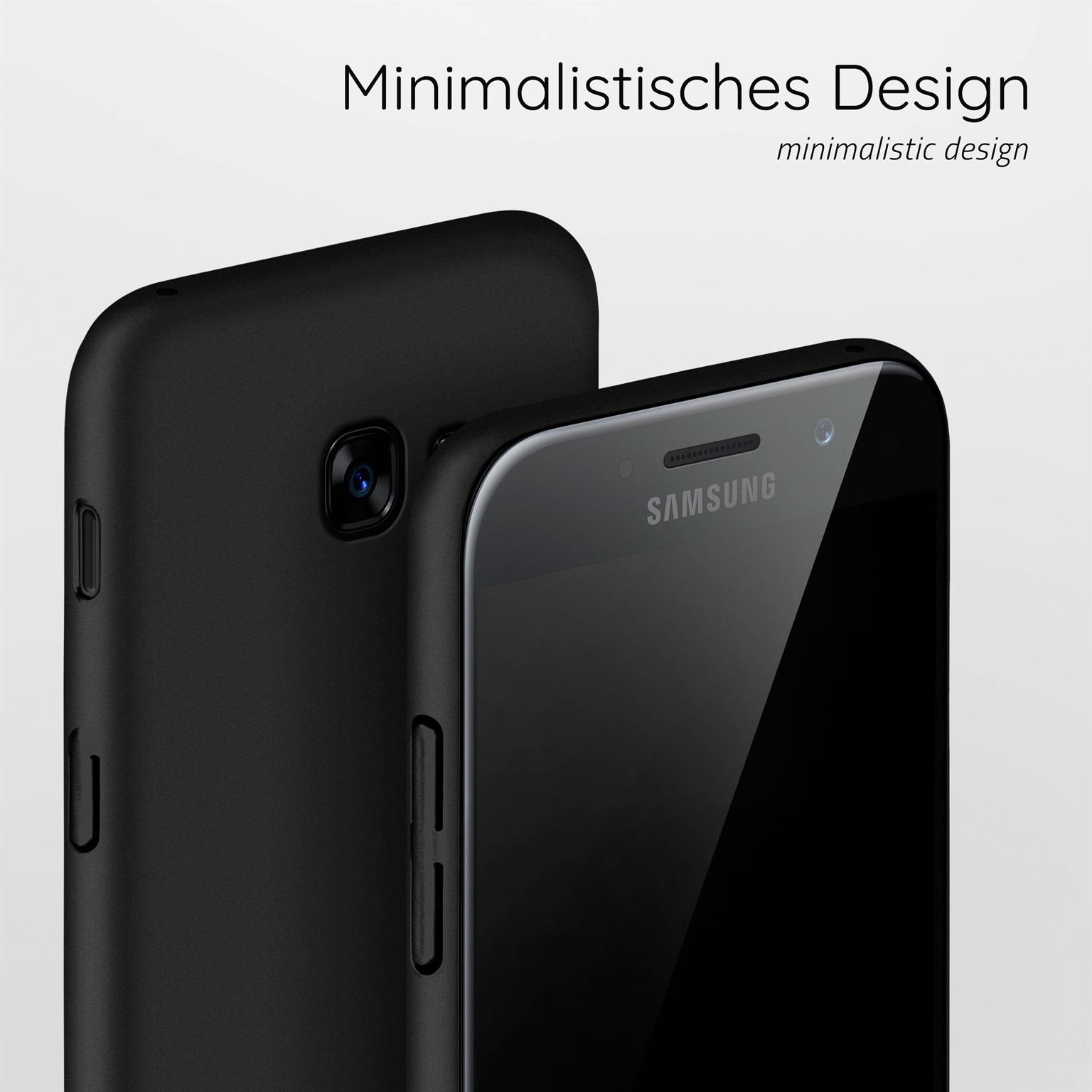 Schwarze Handyhüllen nebeneinander. Eine ist im Fokus und die andere unscharf. Der Text sagt minimalistisches Design. Weißer Hintergrund.
