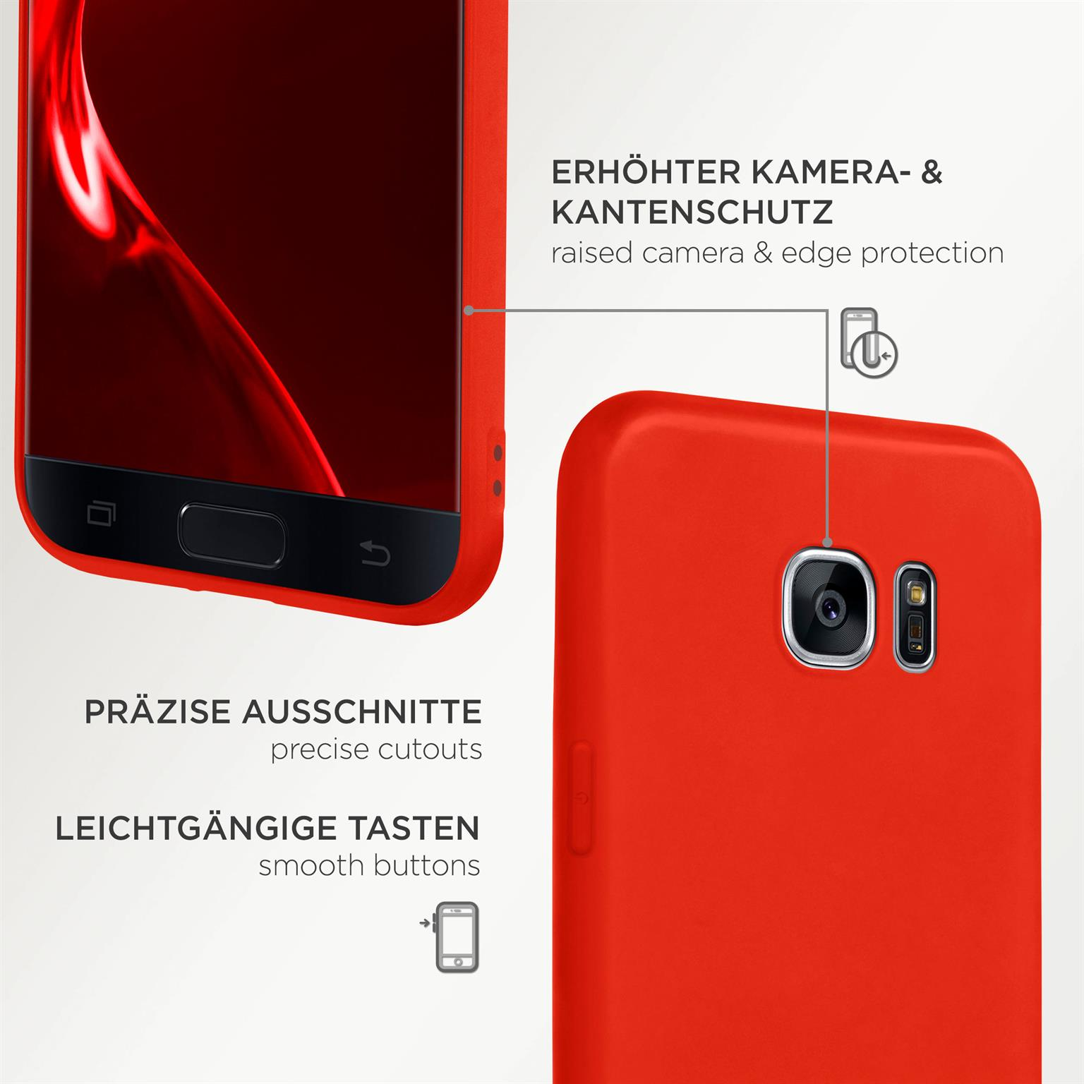 Nahaufnahme einer roten Handyhülle, die Kameraschutz, präzise Ausschnitte und glatte Tasten hervorhebt.