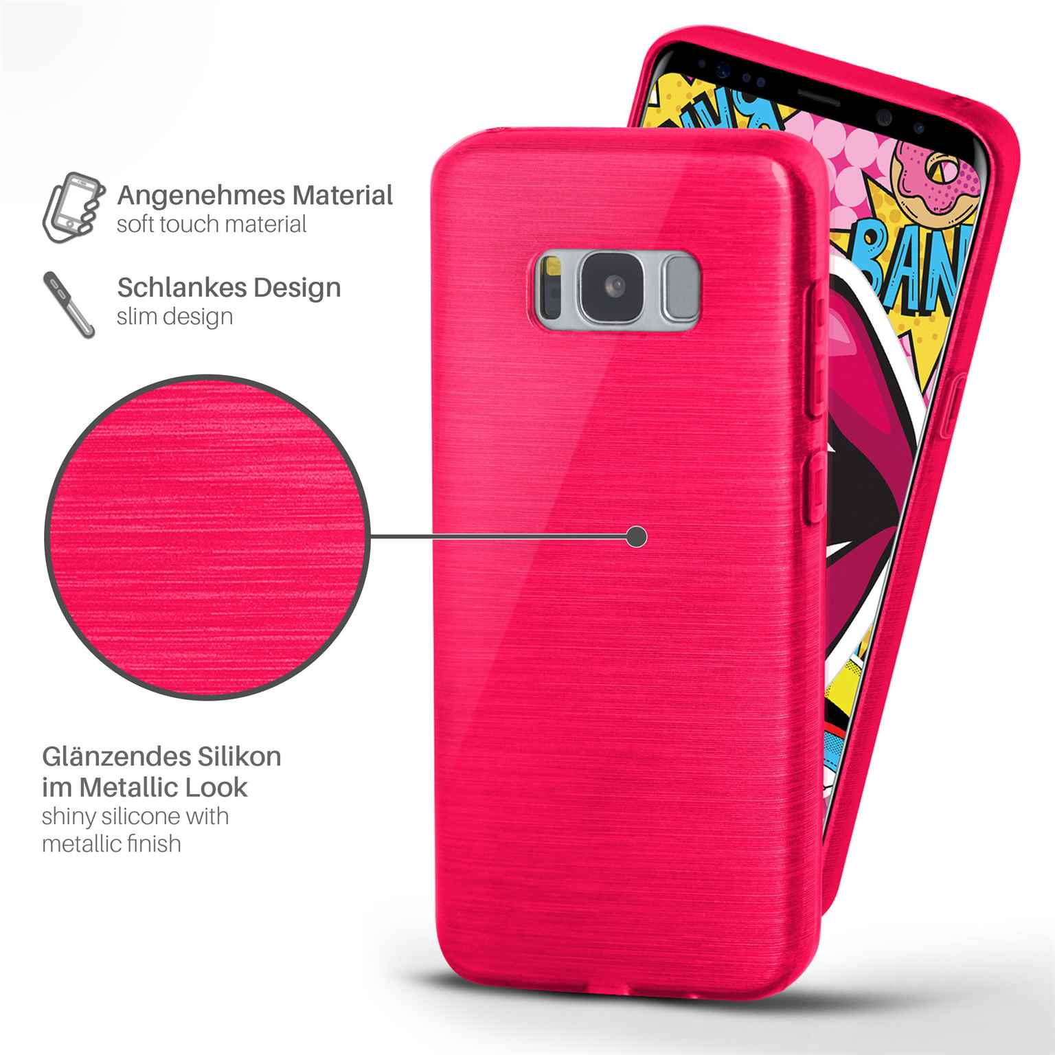 Pinke Handyhülle mit Metallic-Finish. Text hebt das weiche Material und das schlanke Design hervor.