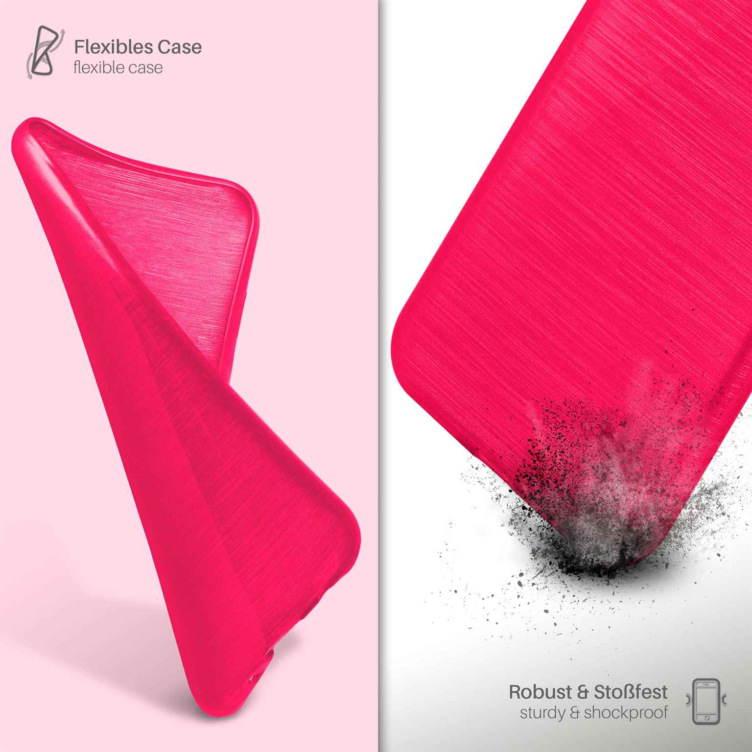 Rosa Handyhülle, flexibel, mit rauer Textur und kleinem Logo.