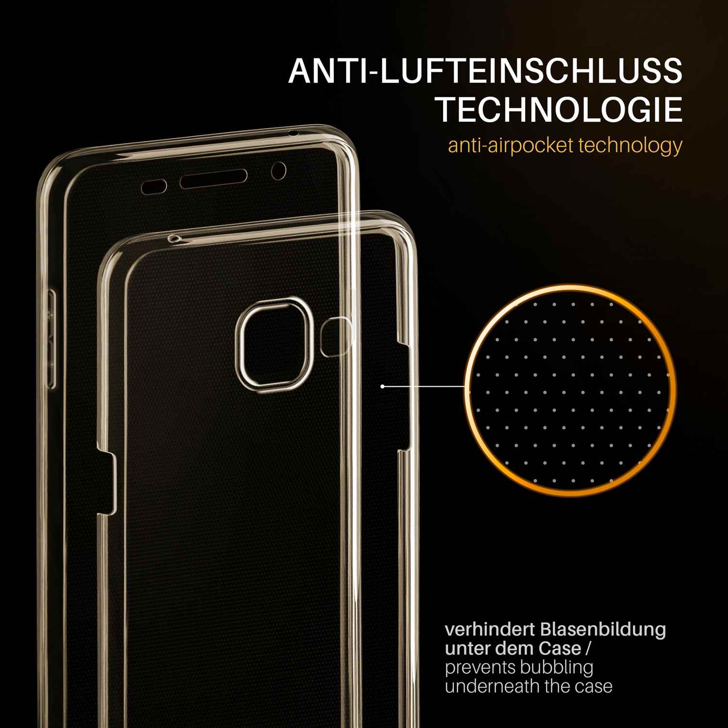 Zwei transparente Handyhüllen mit Text: Anti-Luftblasen-Technologie. Schwarzer Hintergrund.