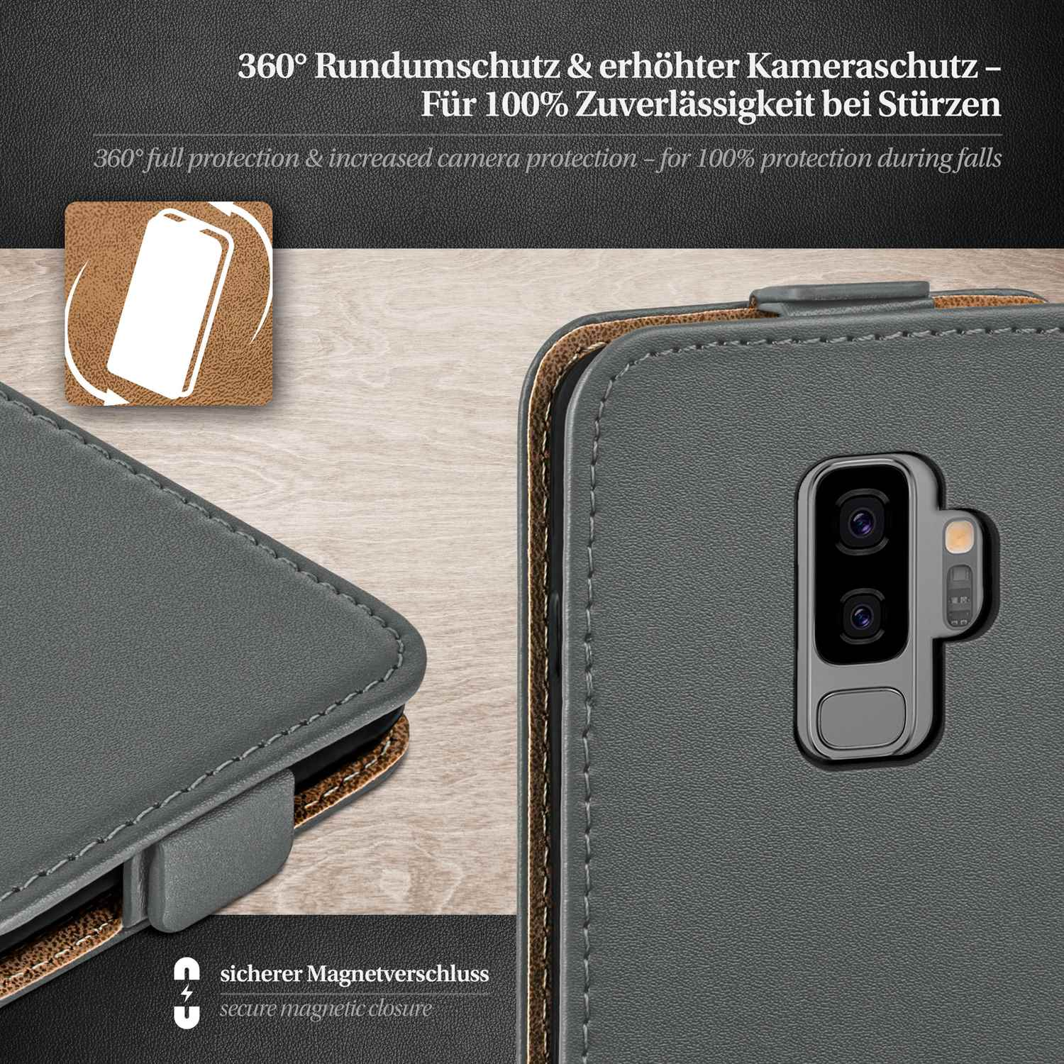 Eine graue Handyhülle geöffnet, zeigt das Telefon und das Innere, mit Text: '360° Rundumschutz'.