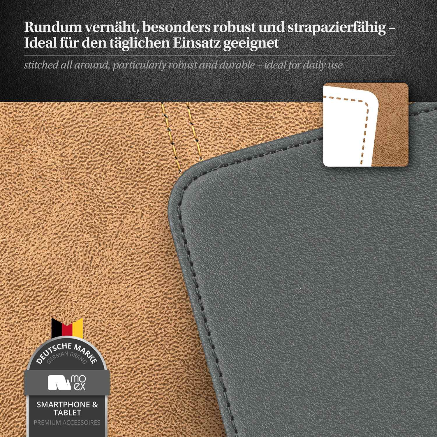 Detail einer genähten Handyhülle. Die Hülle ist grau und braun mit einem genähten Rand.