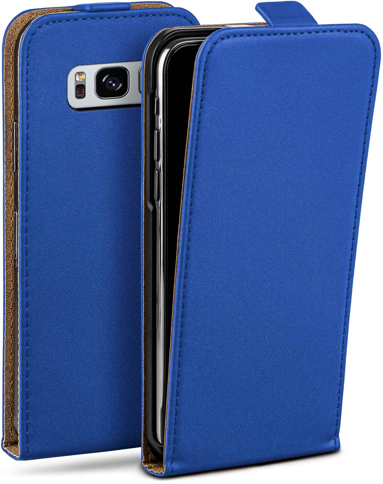 Blaue Handyhülle mit Telefon, das wie ein Buch geöffnet ist.