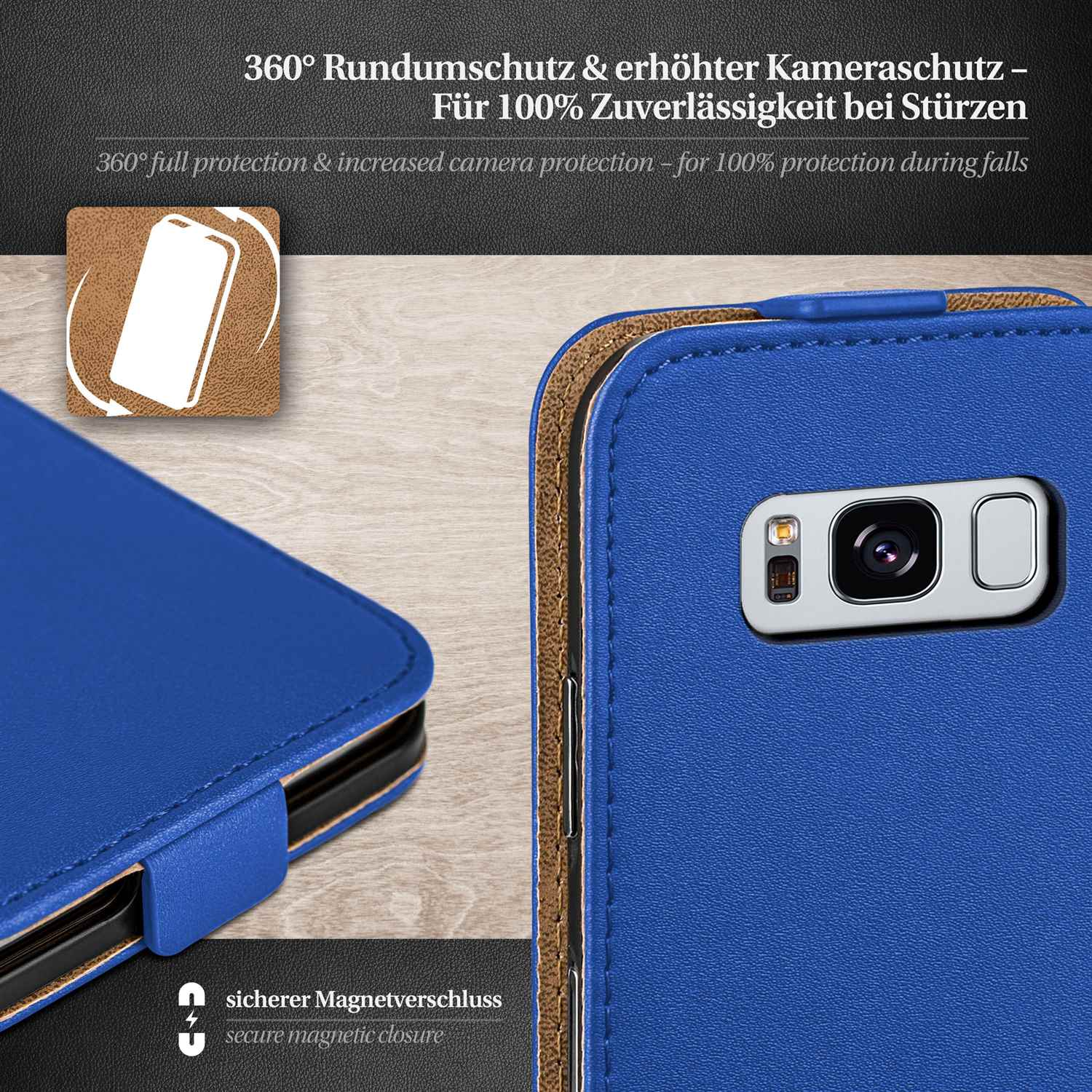 Blaue Handyhülle mit Telefon. Die Hülle ist geschlossen und hat einen Magnetverschluss.