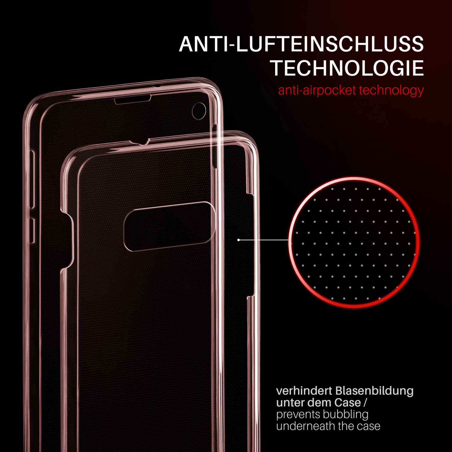 Transparente Handyhülle mit gepunktetem Muster. Die Hülle liegt auf einer dunkelroten Oberfläche. Die Hülle ist klar.