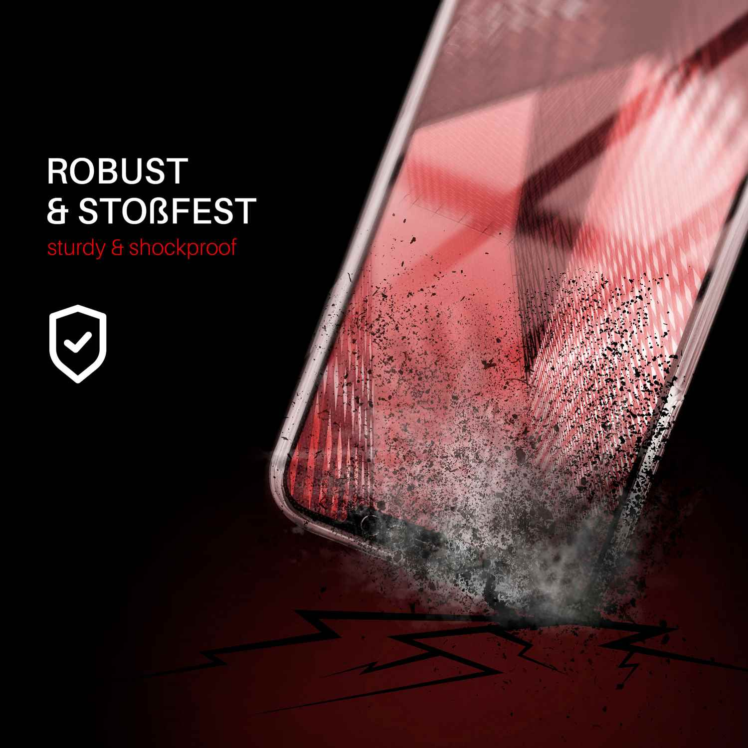 Handyhülle zeigt Aufprall, mit robustem & stoßfestem Symbol.