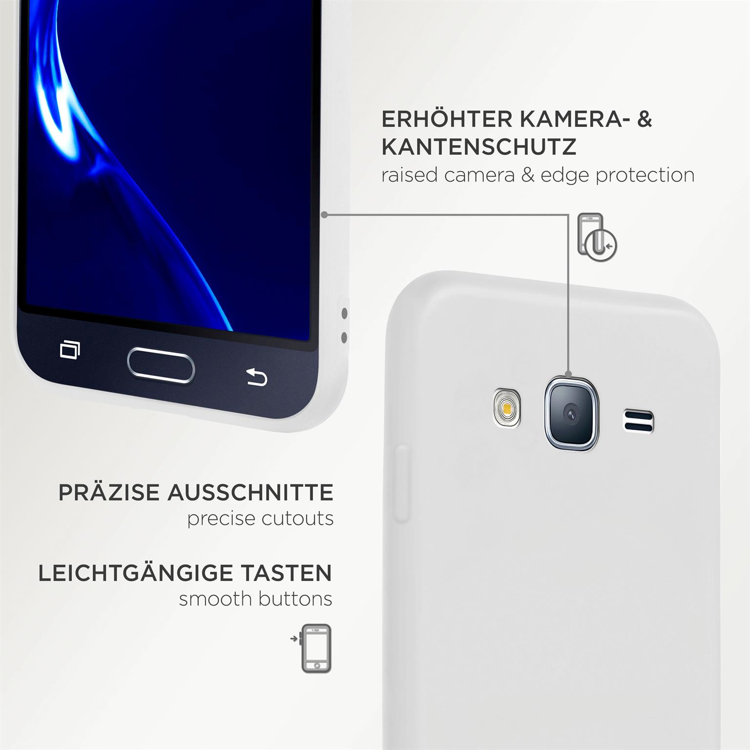 Weiße Handyhülle mit erhöhtem Kamera- und Kantenschutz. Präzise Aussparungen und glatte Tasten.