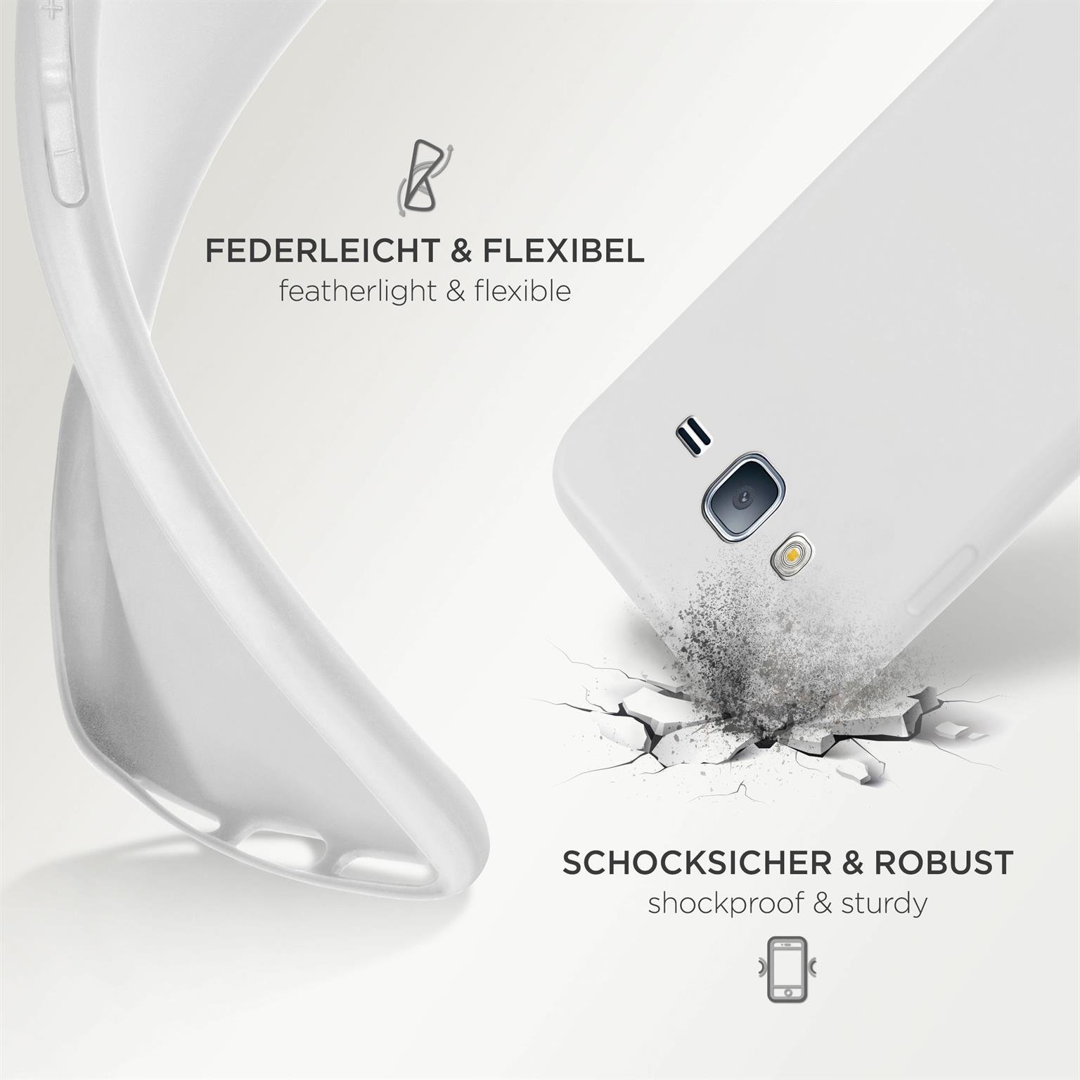Weiße Handyhülle und Telefon. Die Handyhülle ist flexibel. Eine dunkle Oberfläche mit Rissen ist zu sehen.
