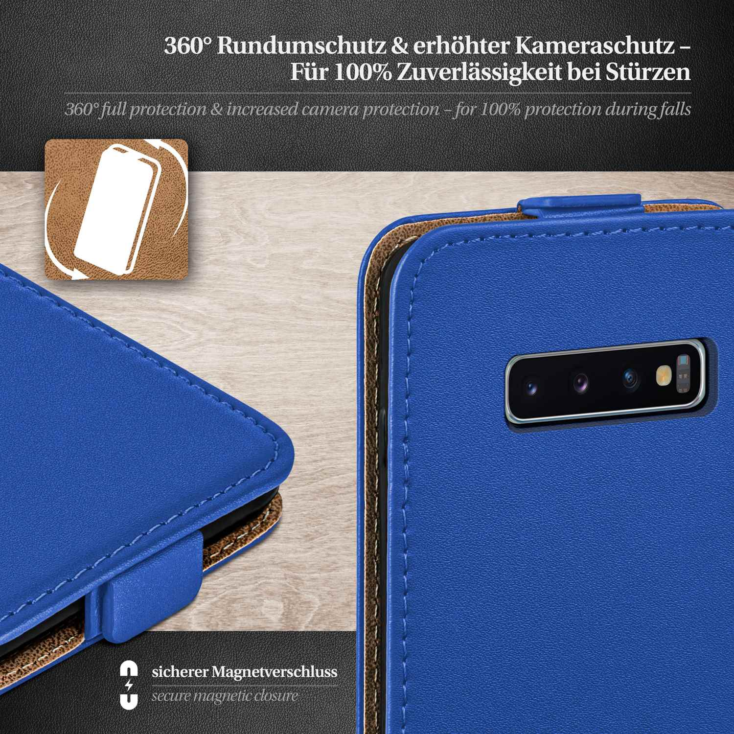 Blaue Handyhülle mit Kameradetail. Blauer und brauner Hintergrund. Deutscher Text.